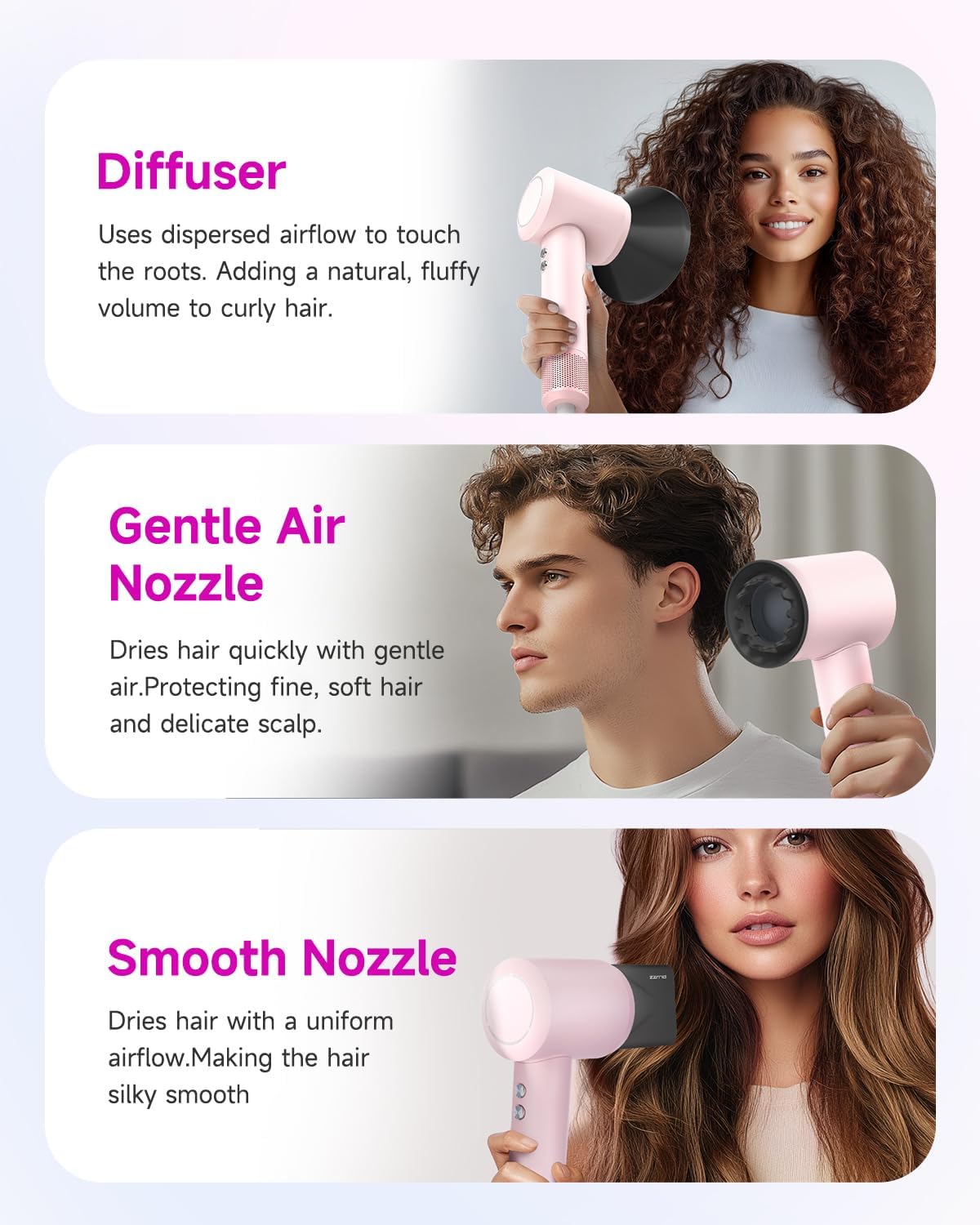 PLUZZ Pink 1600W High-Speed Hair Dryer Set, 110000RPM, Low Noise, Travel Ready with Diffuser - Image 4