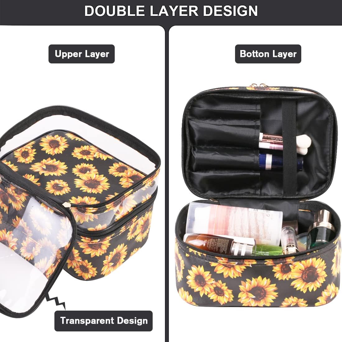 FITINI 3-Piece Waterproof Sunflower Makeup Bag Set Double Layer Travel Cosmetic Organizer Pouches for Women - Image 3