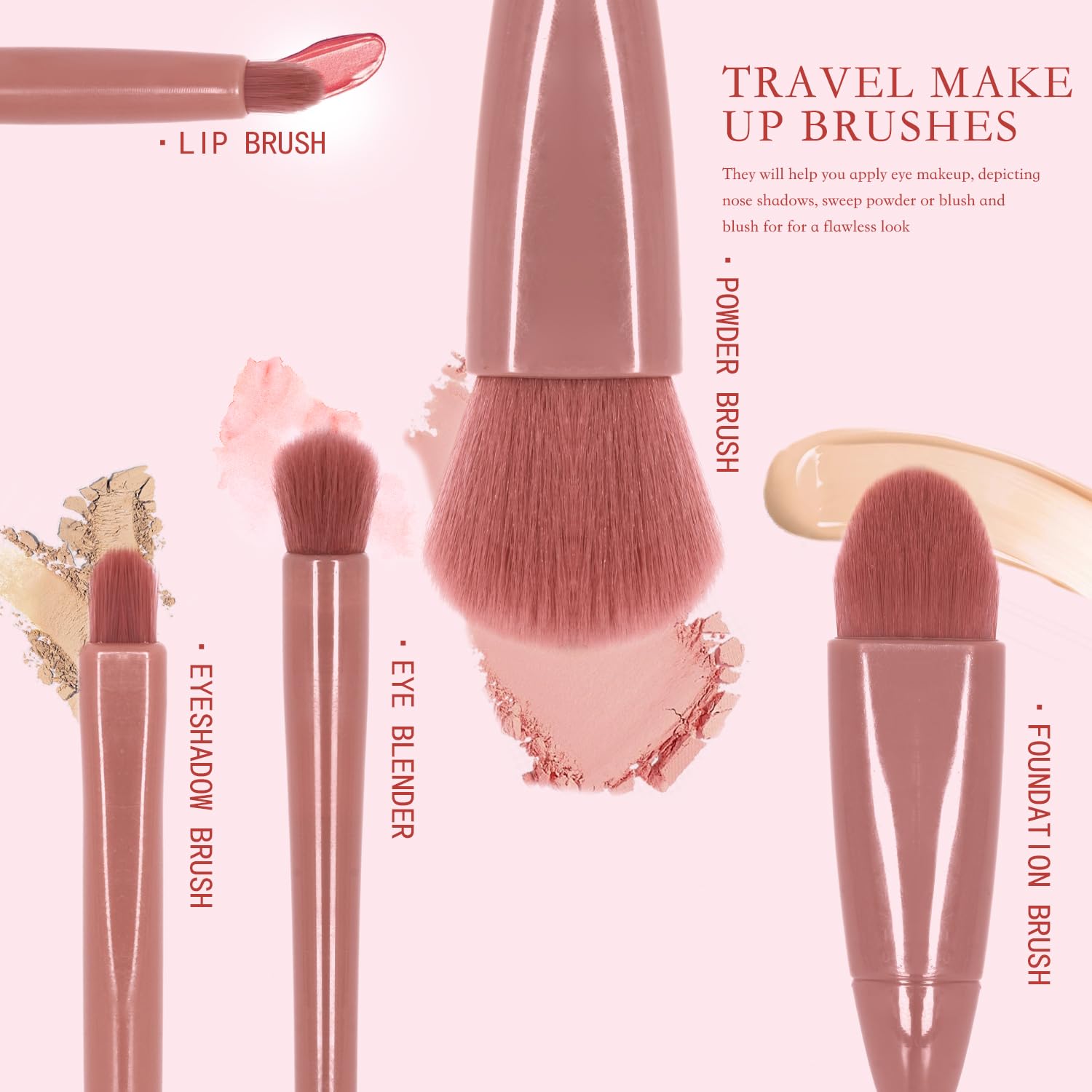 Travel Makeup Brush Set with Case, 5 Mini Professional Brushes and Mirror in Pink - Image 7