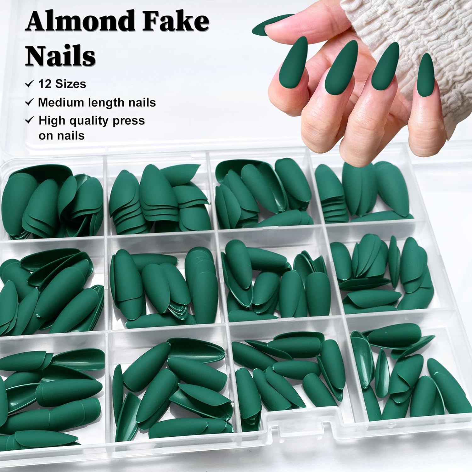 240pcs Matte Green Almond Press on Nails Kit with 5 Adhesive Tabs for Women - Image 3