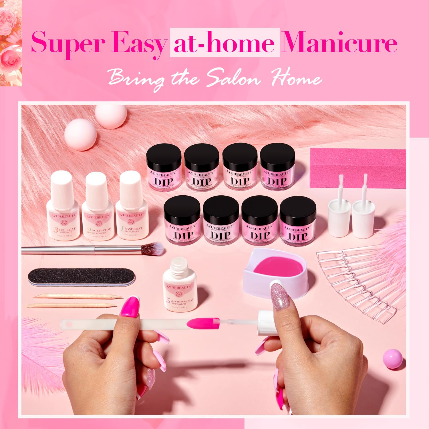 Azurebeauty 8 Hot Pink Glitter Colors Dip Powder Nail Starter Kit Matte Top Coat - Image 6