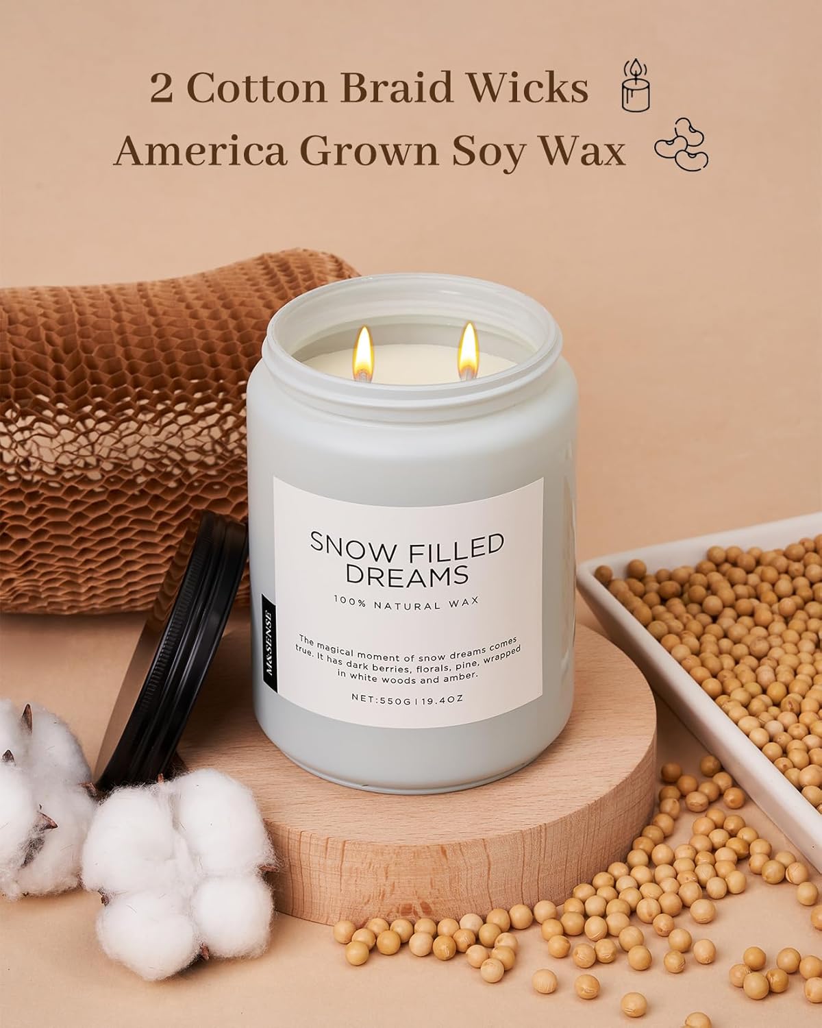 M&SENSE Snow Filled Dreams Jasmine Pine Large 19.4oz Non-Toxic Organic Soy Wax Scented Candle - Image 3