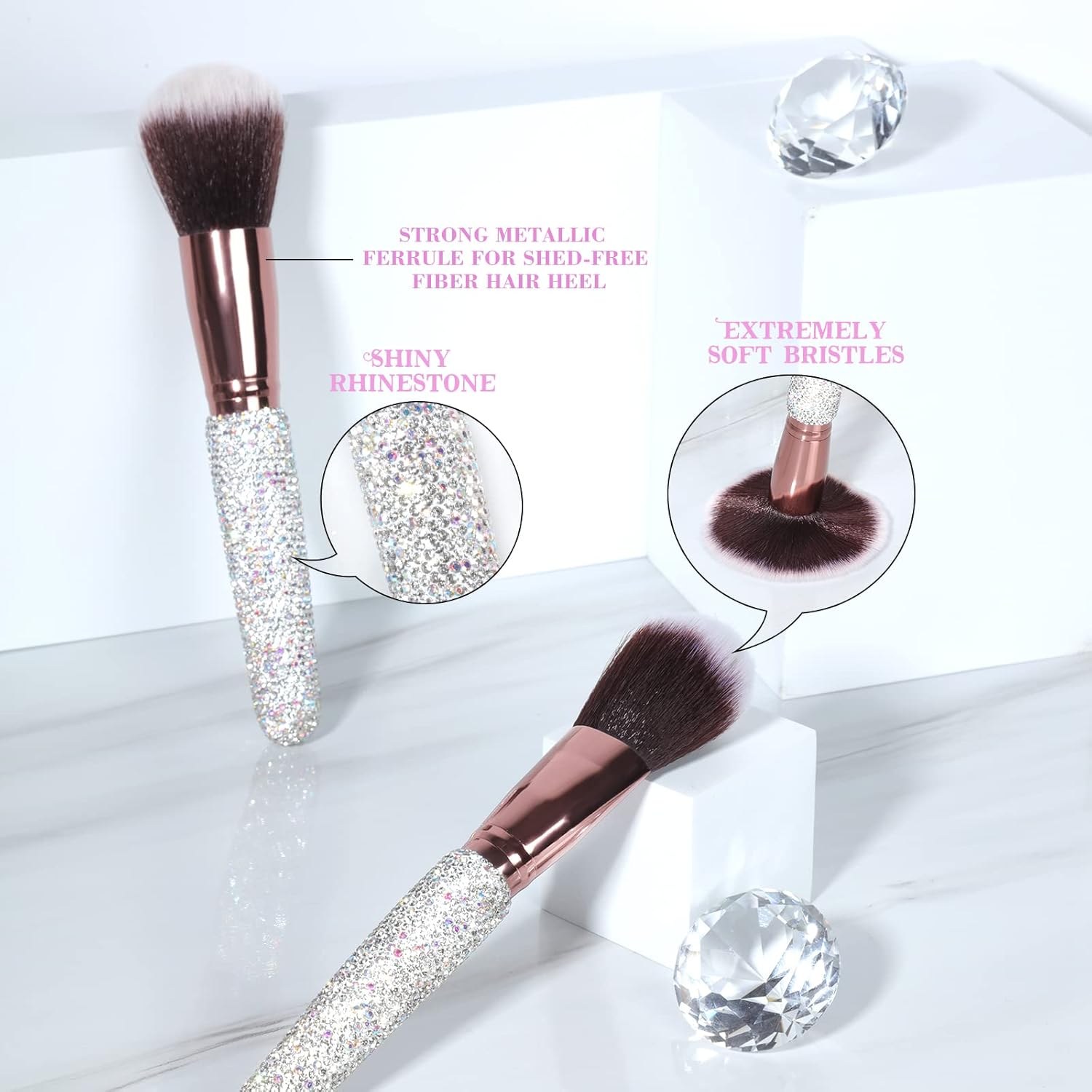 Bling Crystal Makeup Brushes Set 12PCS Glitter Beauty Tool Professional White - Image 7