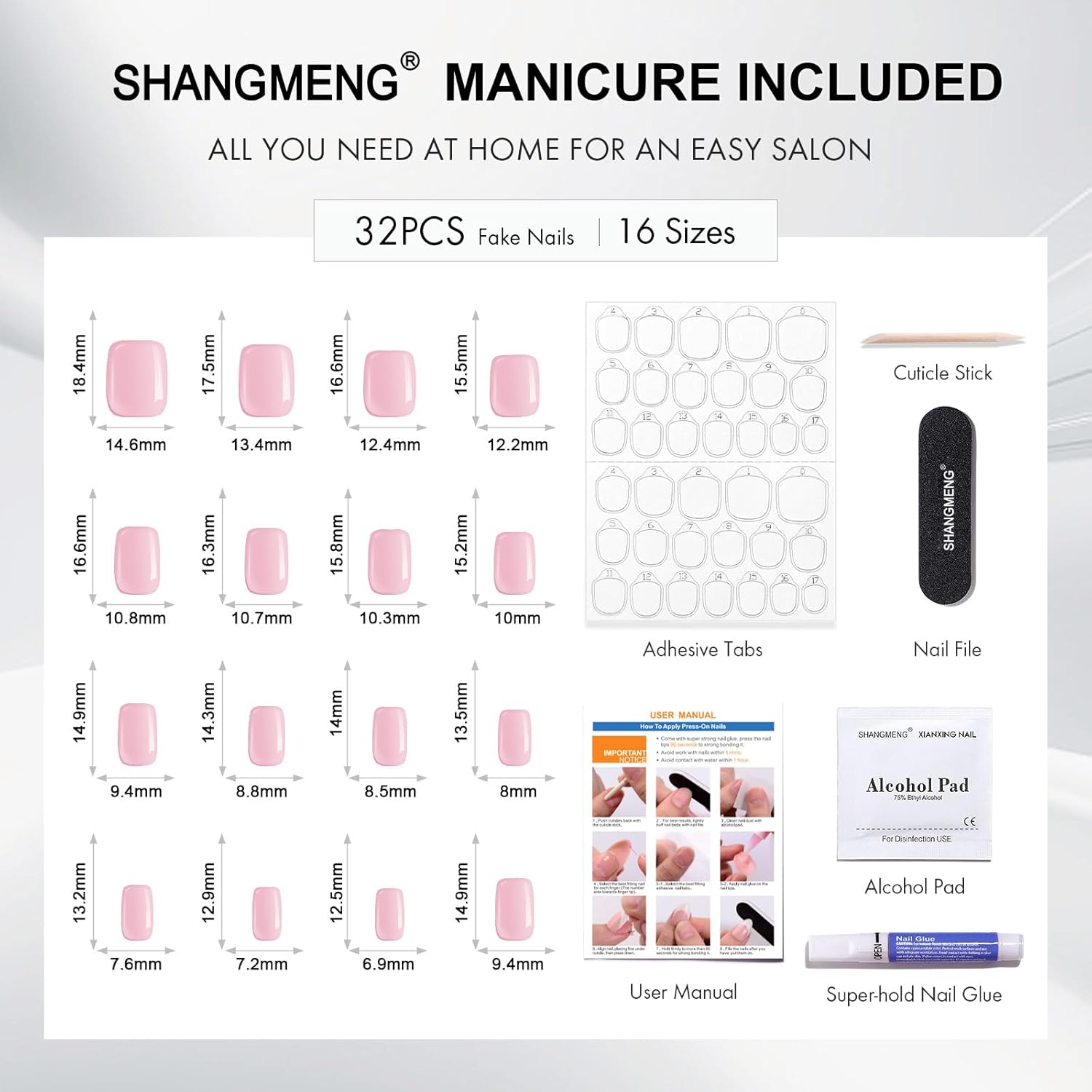 Short White Chrome French Press Gel Nails with Glue - 32 Reusable Stick-on Nails in 16 Sizes - Image 6