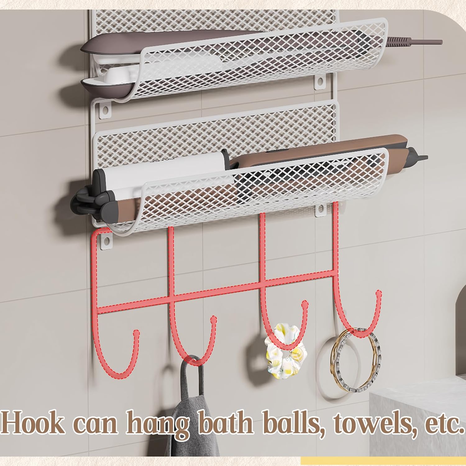 Wall-Mounted Hair Dryer Holder Organizer with 4 Shelves and Hooks for Styling Tools - Image 8