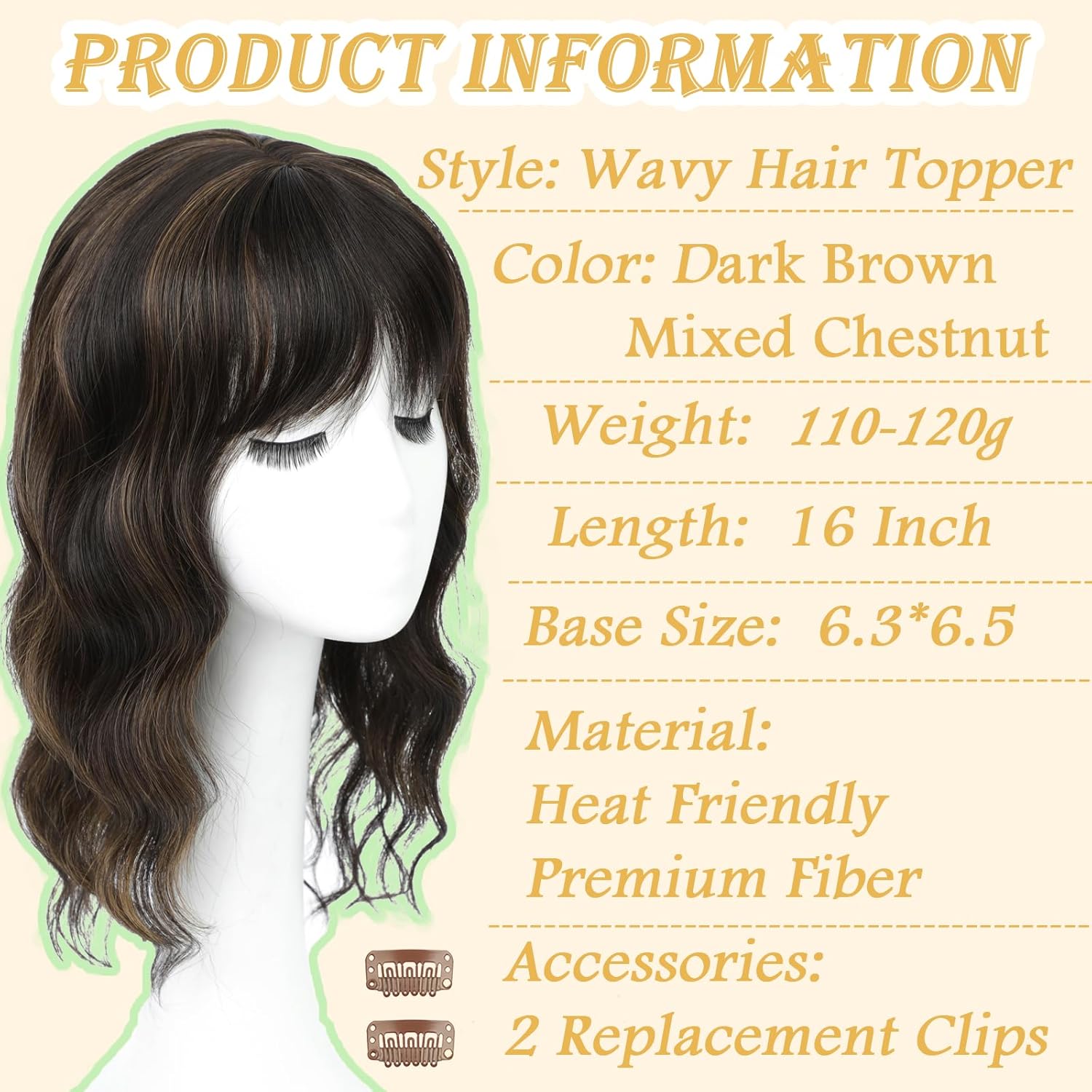 Dark Brown Mixed Chestnut 360° Curly Wavy Synthetic Hair Topper with Bangs for Thinning Hair - Image 2