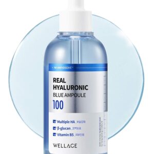 WELLAGE Real Hyaluronic Blue Ampoule 100, Fragrance Free Hyaluronic Acid Ampoule, Hydrating Non Sticky Serum for Sensitive Dry Skin, 2.54 fl.oz