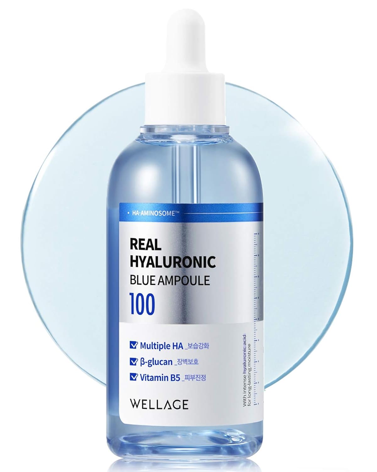WELLAGE Real Hyaluronic Blue Ampoule 100, Fragrance Free Hyaluronic Acid Ampoule, Hydrating Non Sticky Serum for Sensitive Dry Skin, 2.54 fl.oz