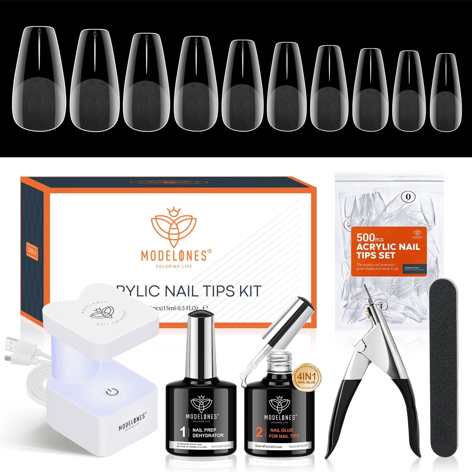 Modelones Medium Coffin Gel Nail Kit with 500 Fake Nails, 9-in-One Glue, and Mini UV Light - Image 9