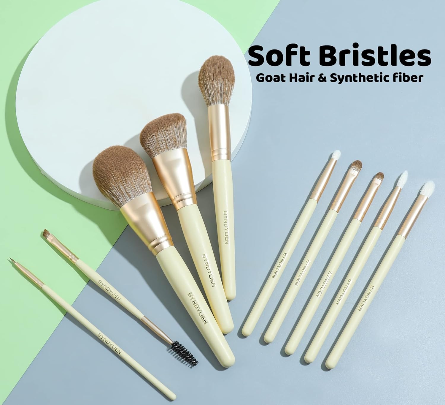 10 Piece Makeup Brush Set with Bag, Synthetic Goat Hair Bristles, Wood Handles - Image 3