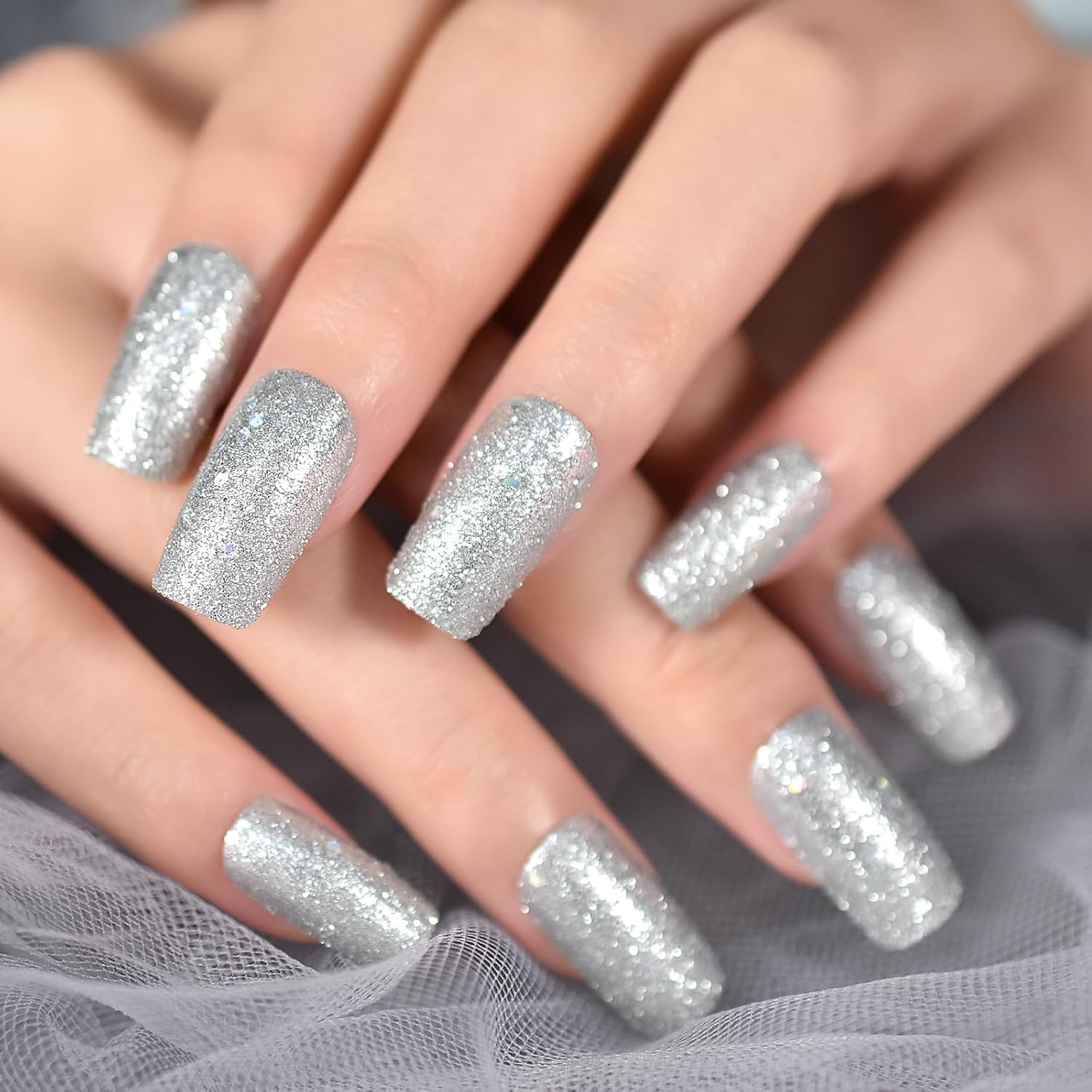 Medium Long Square Reusable Glitter Press-On Nails with Adhesive Tabs and File - Image 5