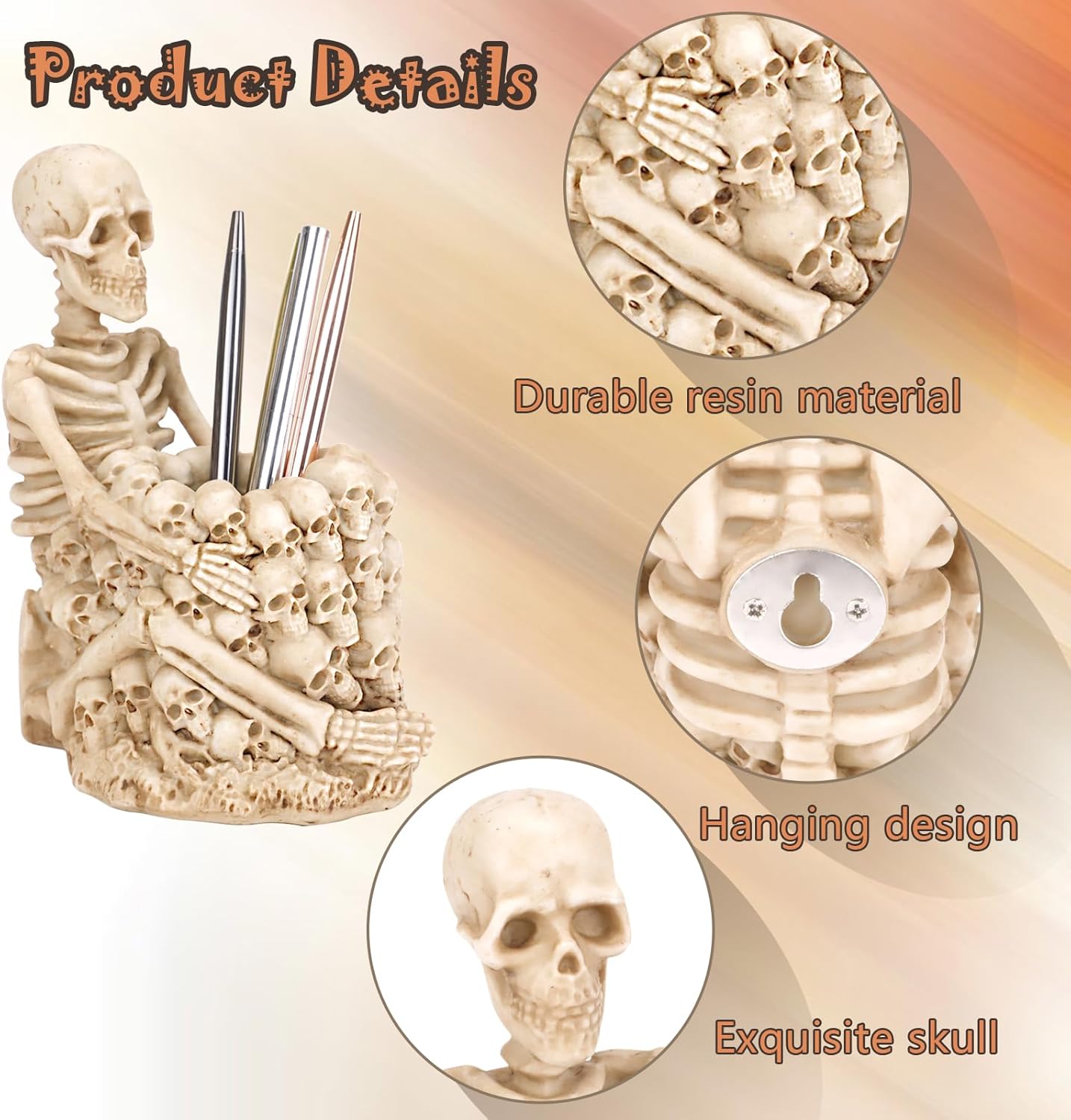 Skull Pen Holder for Desk, Gothic Skeleton Makeup Brush and Pencil Organizer for Home Office - Image 2
