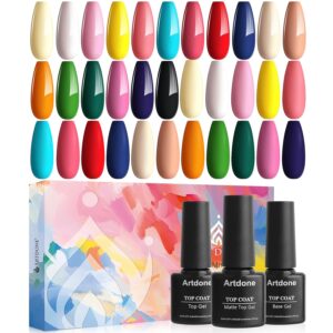 Artdone 20 PCS Gel Nail Polish Kit Solid Colour Include Glossy & Matte Top Coat and Base Coat Soak Off Pink Blue Green Yellow Nail Polish Gel Polish, White Black Red Gel Nail Polish For NAIL ART