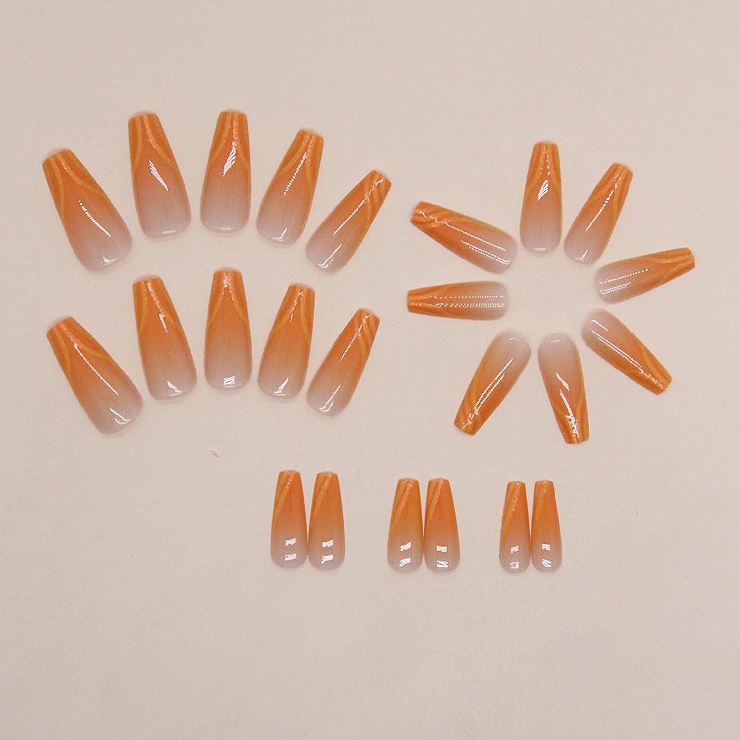 MISUD 24 pcs Long Glossy Orange Ombre Acrylic Coffin Press on Nails Ballerina Design - Image 4