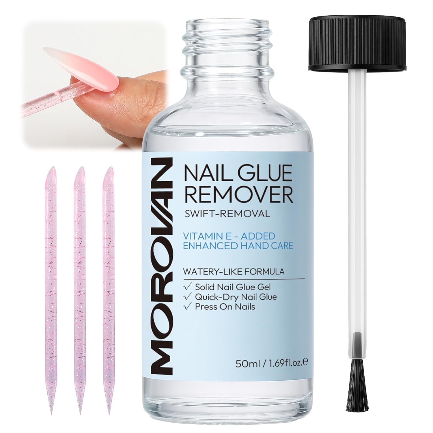 Morovan Nail Glue Remover for Press On Nails: 50ML Fake Nails Remover for Acrylic Tips Nail Glue Fast Acting Adhesive Debonder Professional Formula Low Odor Liquid for Quick Removal