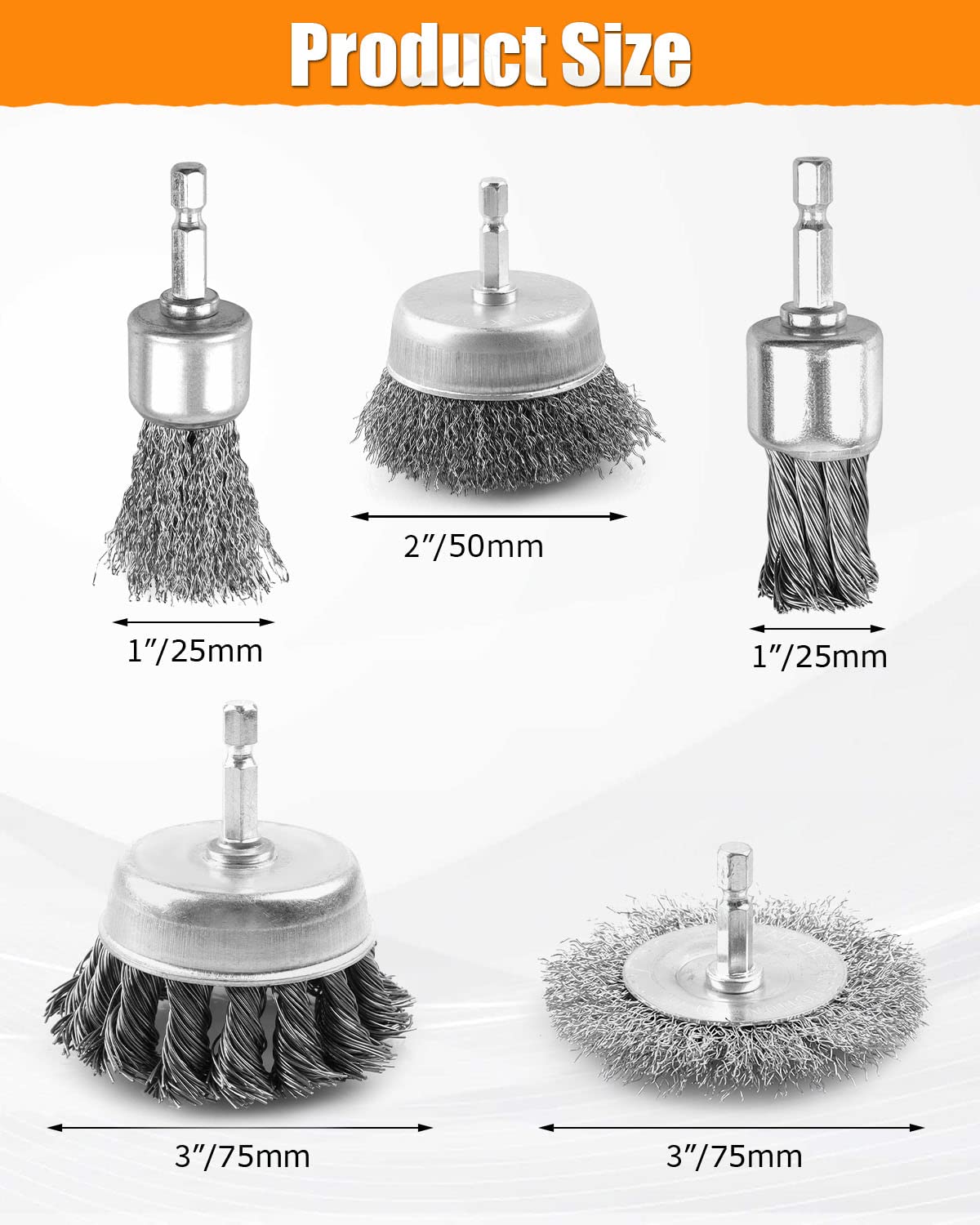 5 Pc Heavy Duty Coarse Carbon Steel Wire Brush Set for Drill with 1/4" Hex Shank - Image 2