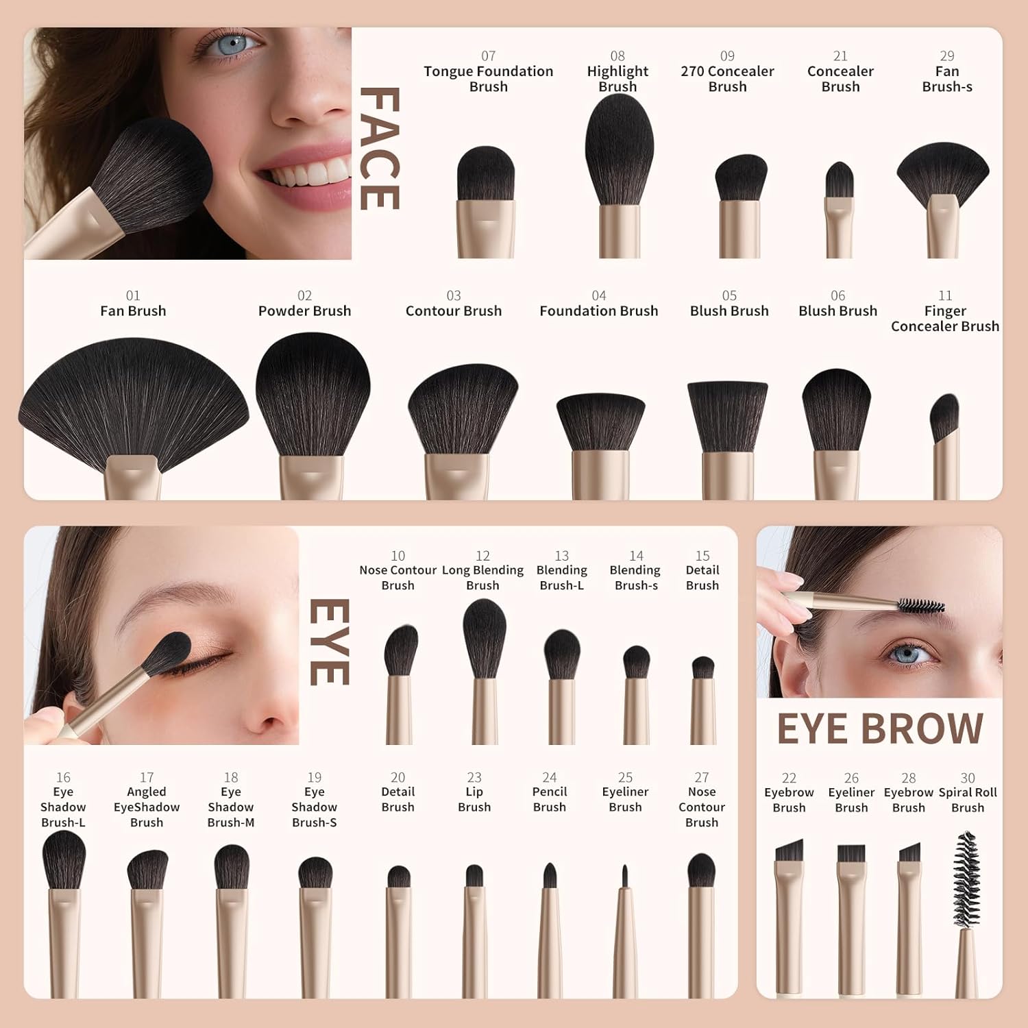 Docolor 30-Piece Professional Makeup Brush Set with Premium Synthetic Kabuki Brushes Beige - Image 2