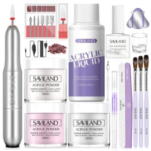 SAVILAND Acrylic Nail Kit with Drill: Professional Clear Pink White Acrylic Powder and Liquid Set with Brush for Beginner Application at Home Salon DIY Nail Extension
