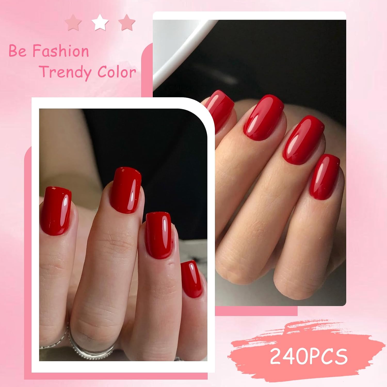 Glossy Red Square Short Press-On Nails Set with Adhesive Tabs, 240 Pcs Acrylic for Women - Image 4