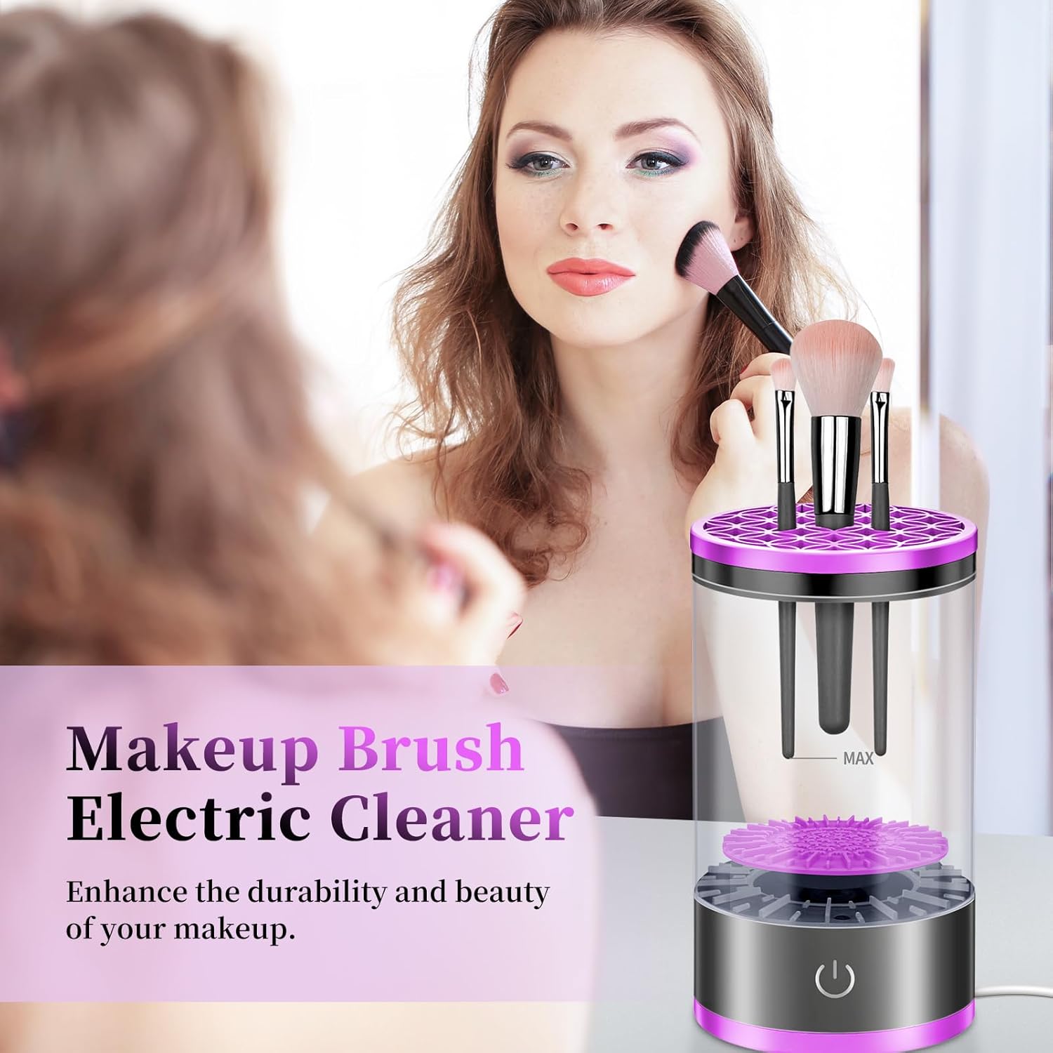 Electric Makeup Brush Cleaner Machine for Deep Cleaning All Brush Types, Portable Design - Purple - Image 7