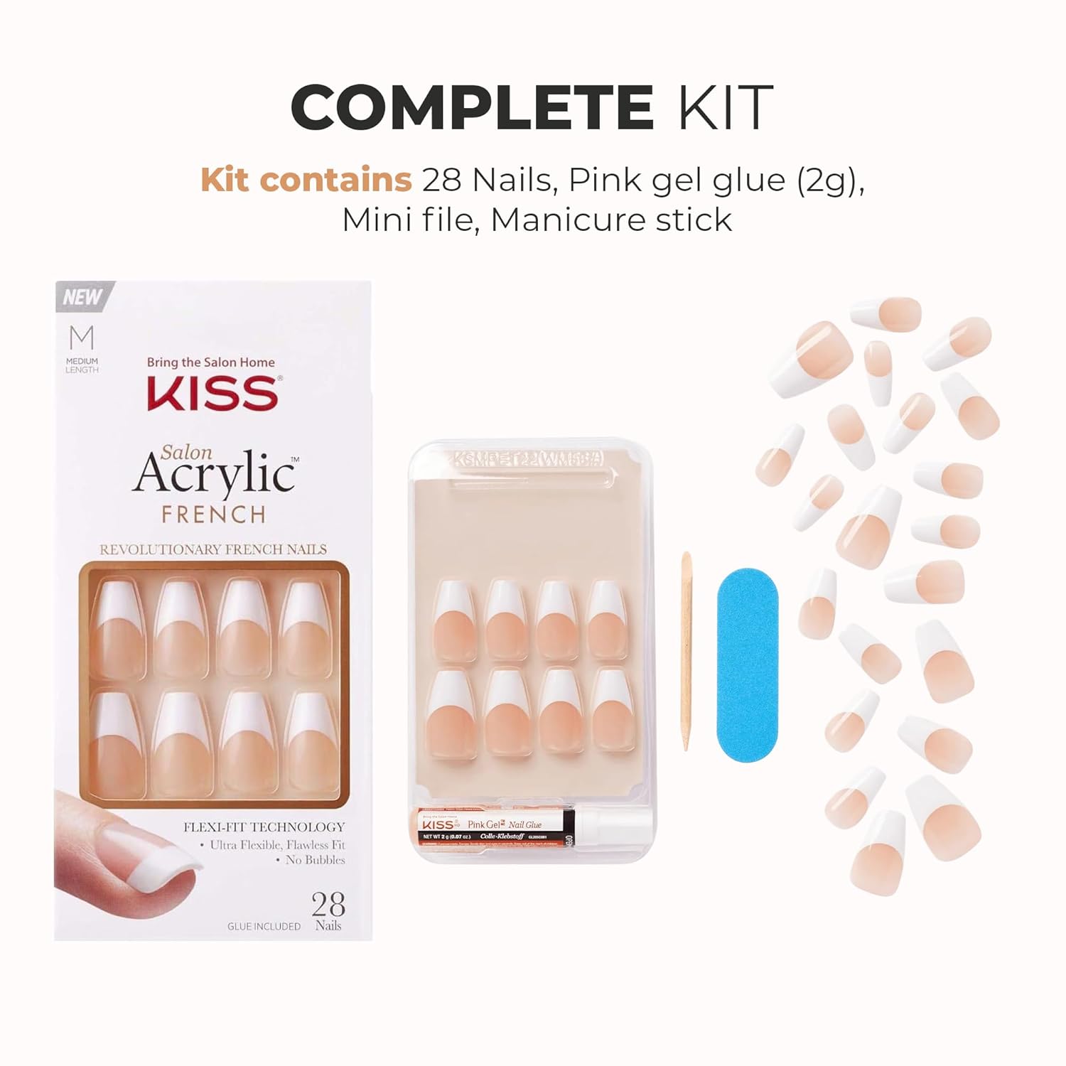 KISS Salon Acrylic French Manicure Kit, Medium Square Fake Nails, 28 Piece Set - Image 8