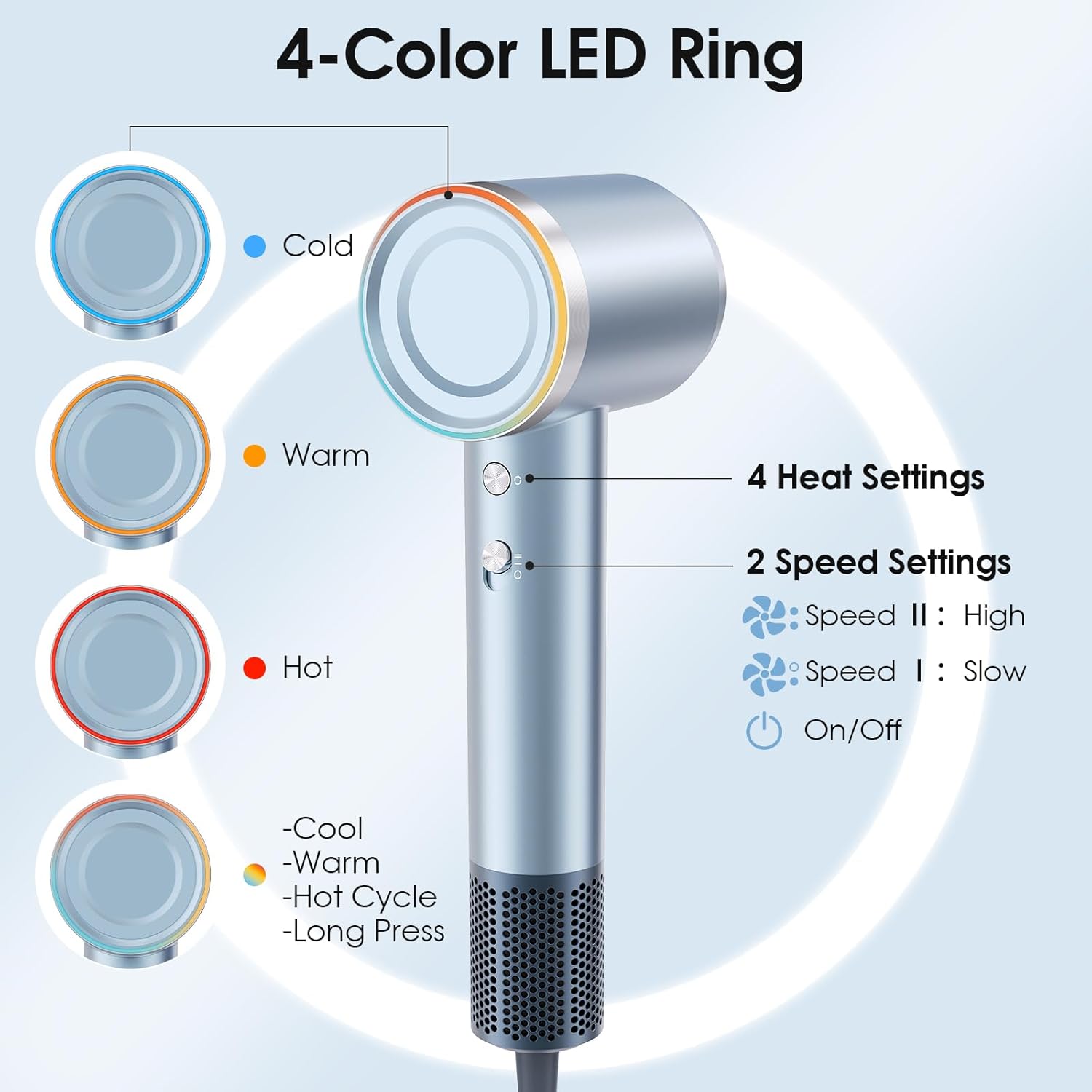 YASHE 1500W Quiet Ionic Hair Dryer with Diffuser and 4 Heat Settings - Image 3