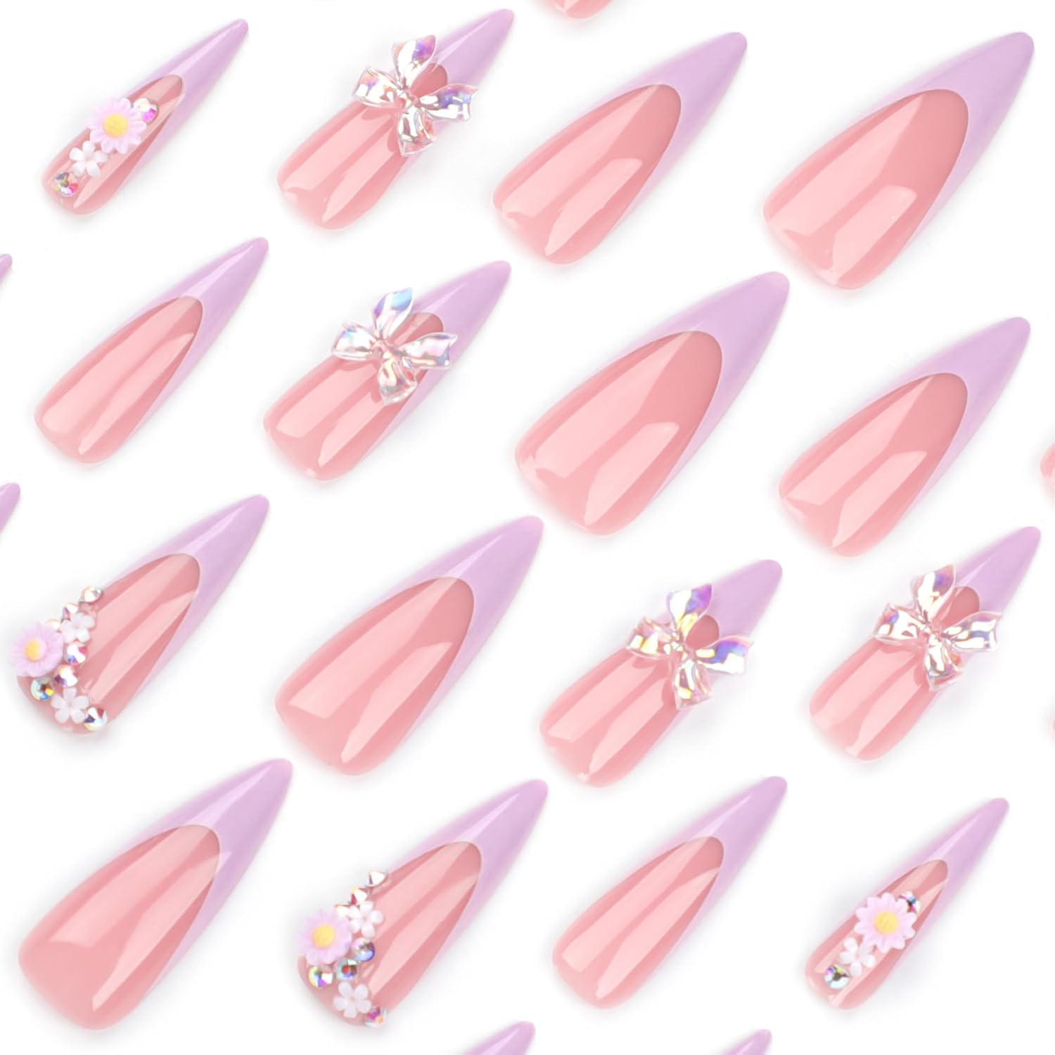 Almond Purple French Tip False Nails 24 Pcs with 3D Flower Bow Design - Image 2