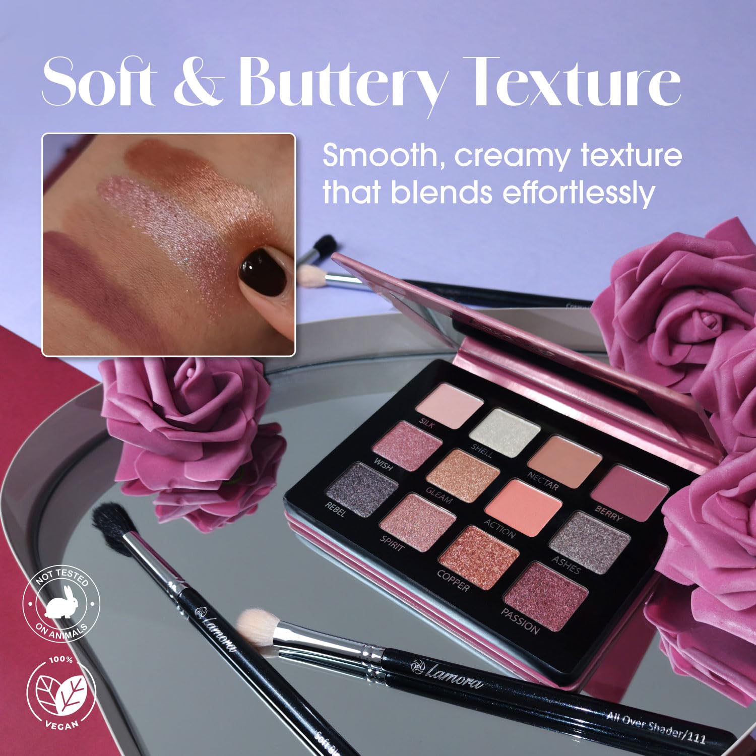 Lamora Nude Pink Eyeshadow Palette 12 Rose Pigmented Shimmer Matte Shades Compact Mirror - Image 5