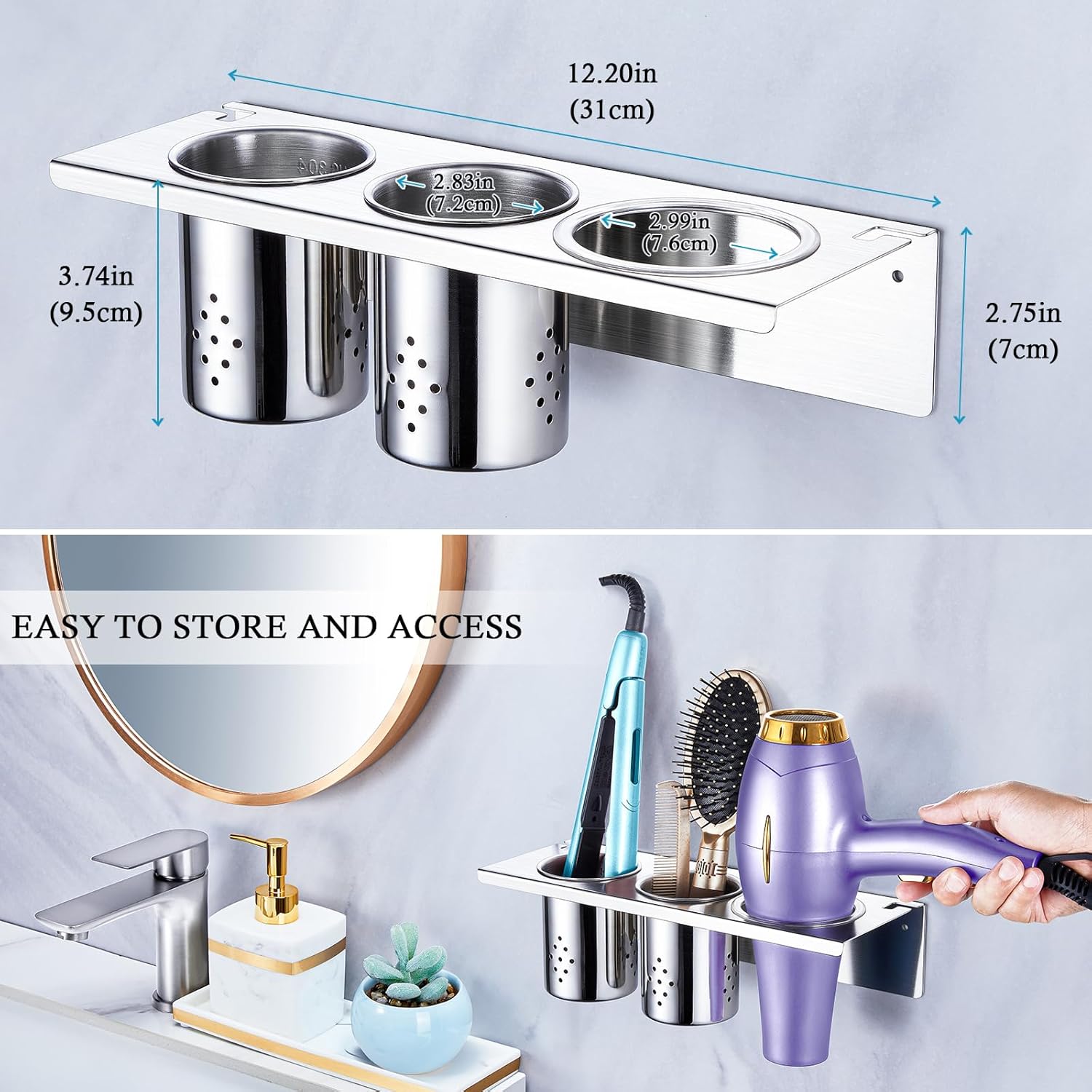 Wall Mounted Hair Tool Organizer with 2 Cups for Blow Dryer, Straighteners, and Curling Irons - Image 9