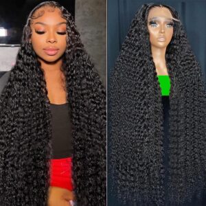 13x6 Deep Wave Lace Front Wigs Human Hair Wigs for Women 180% Density HD Transparent Deep Curly Lace Frontal Wigs Human Hair Pre Plucked with Baby Hair Natural Color (32 Inch)