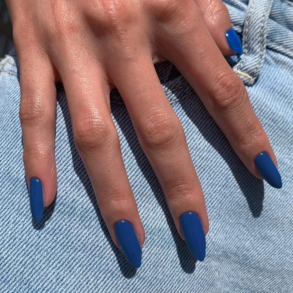 Dark Blue Medium Stiletto Almond Reusable Press on Nails Kit 24 Piece UV Coated - Image 2