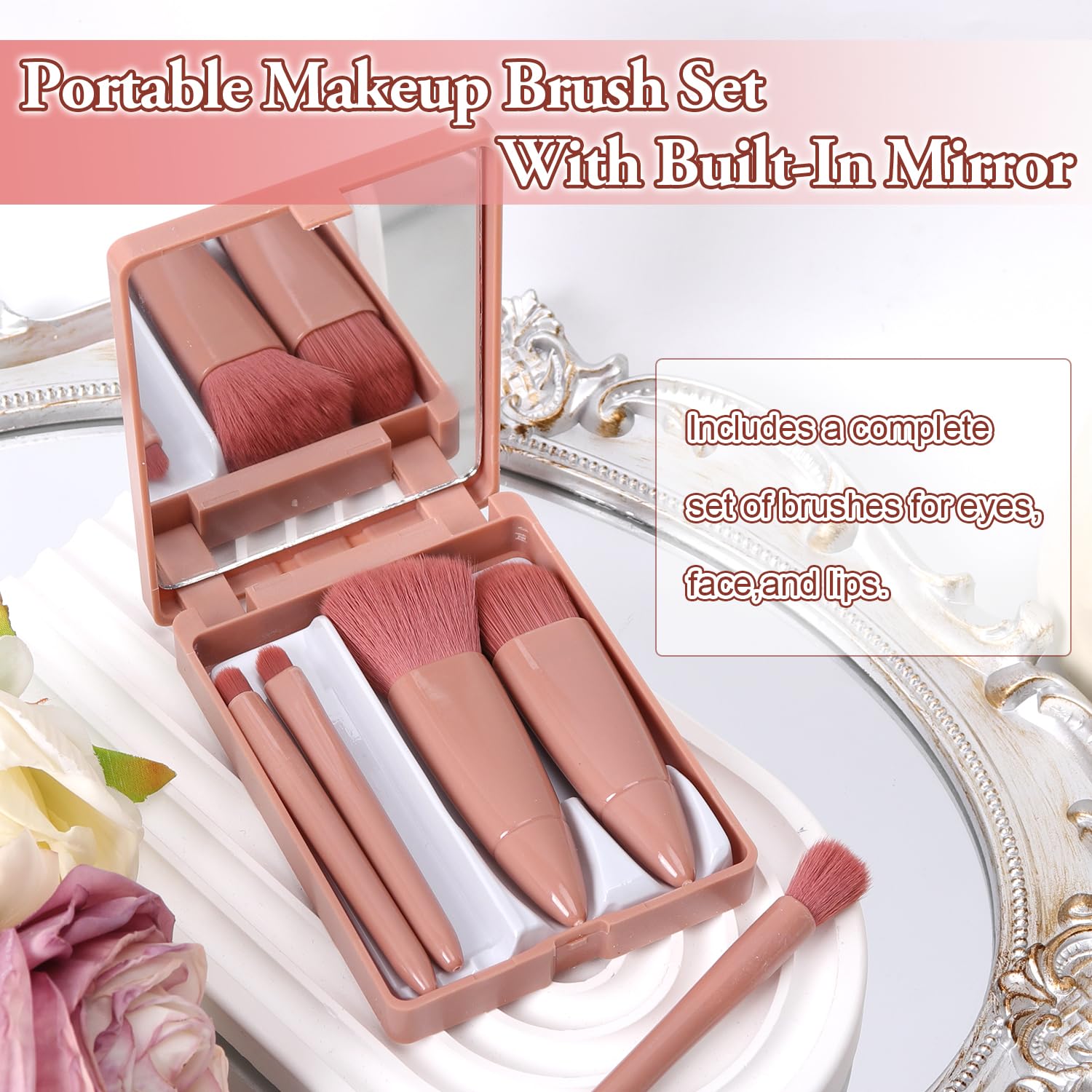 Travel Makeup Brush Set with Case, 5 Mini Professional Brushes and Mirror in Pink - Image 8