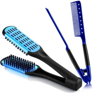 CHENGU 2 Pcs Straightening Comb For Hair, Boar Bristles Clamp Double Sided Brush Hair Straightening Brushes Comb Flat Iron Styling for Knotty Unkempt(Blue, Black)