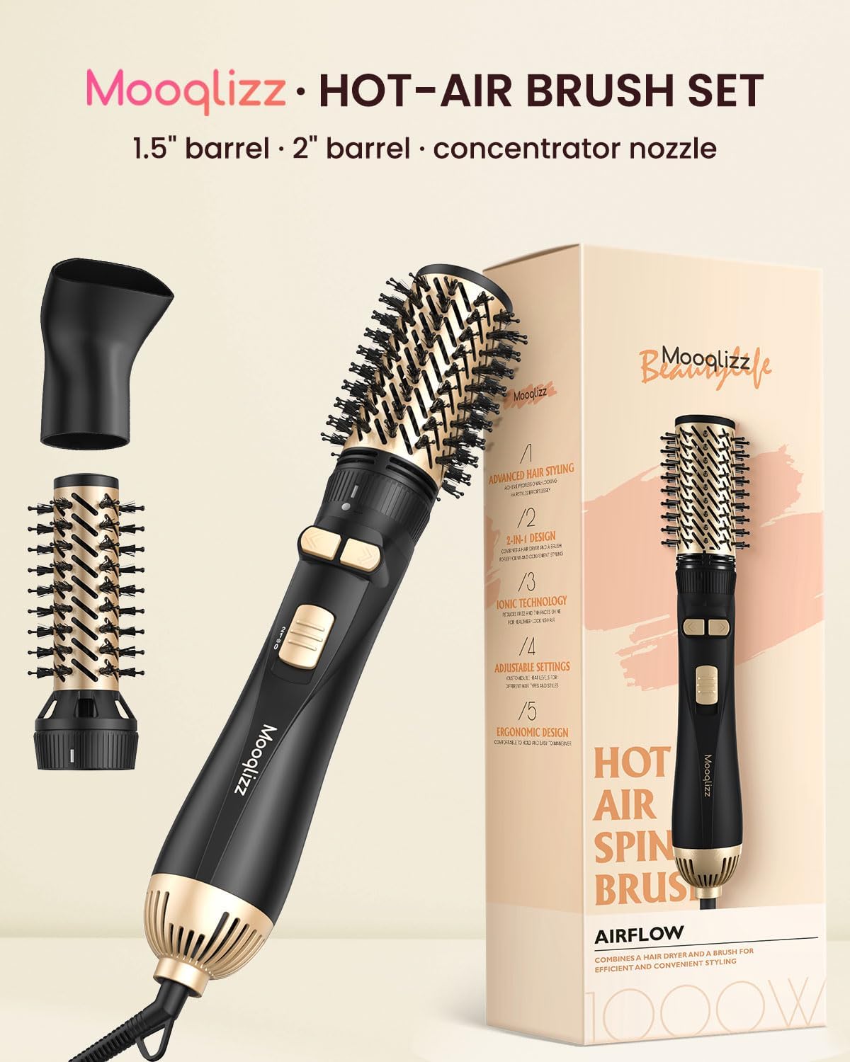 3-in-1 Rotating Hair Dryer Brush Set Gold Black 2 Brush Heads Concentrator Attachment - Image 7