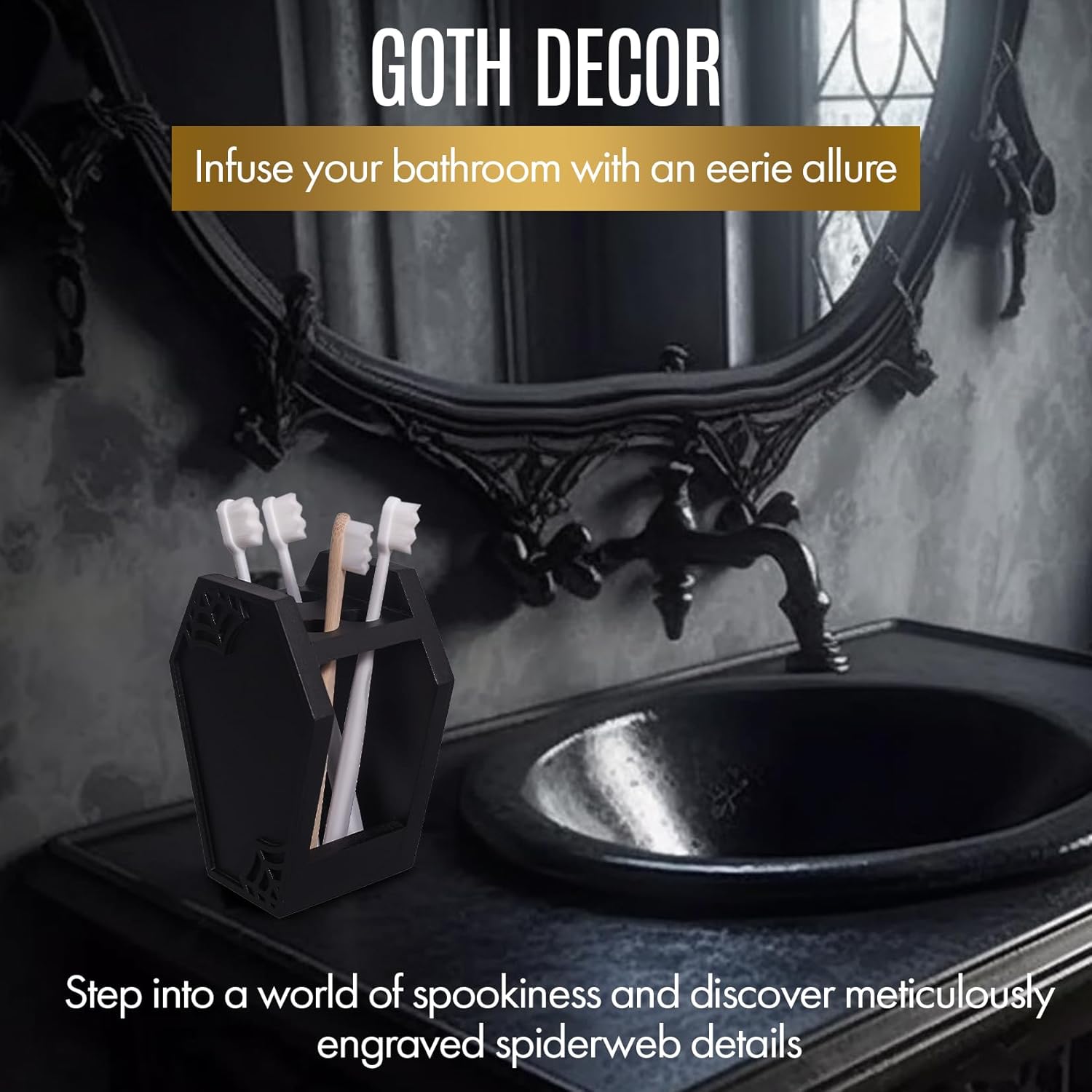 Gothic Black Wooden Coffin Toothbrush Holder for Kids and Adults, 6.5 Inch Capacity - Image 6