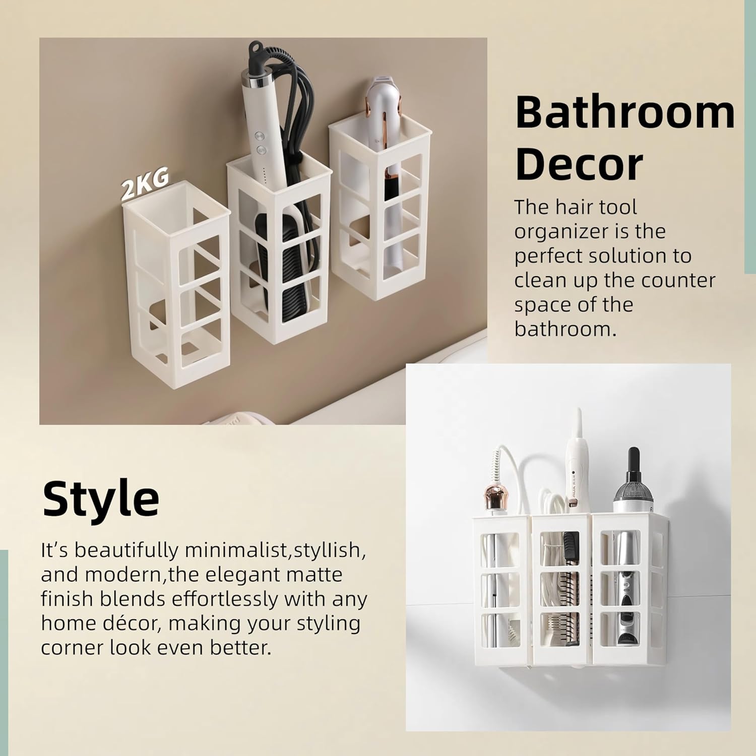 2 Set Wall Mount Organizer for Curling Iron, Flat Iron, Hair Dryer - Black - Image 2