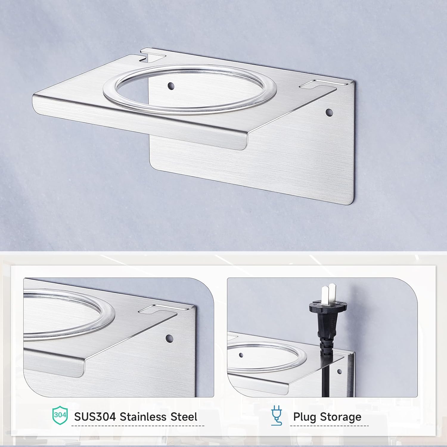 Stainless Steel Wall Mounted Hair Dryer Holder Organizer for Bathroom and Barber Shops - Image 7