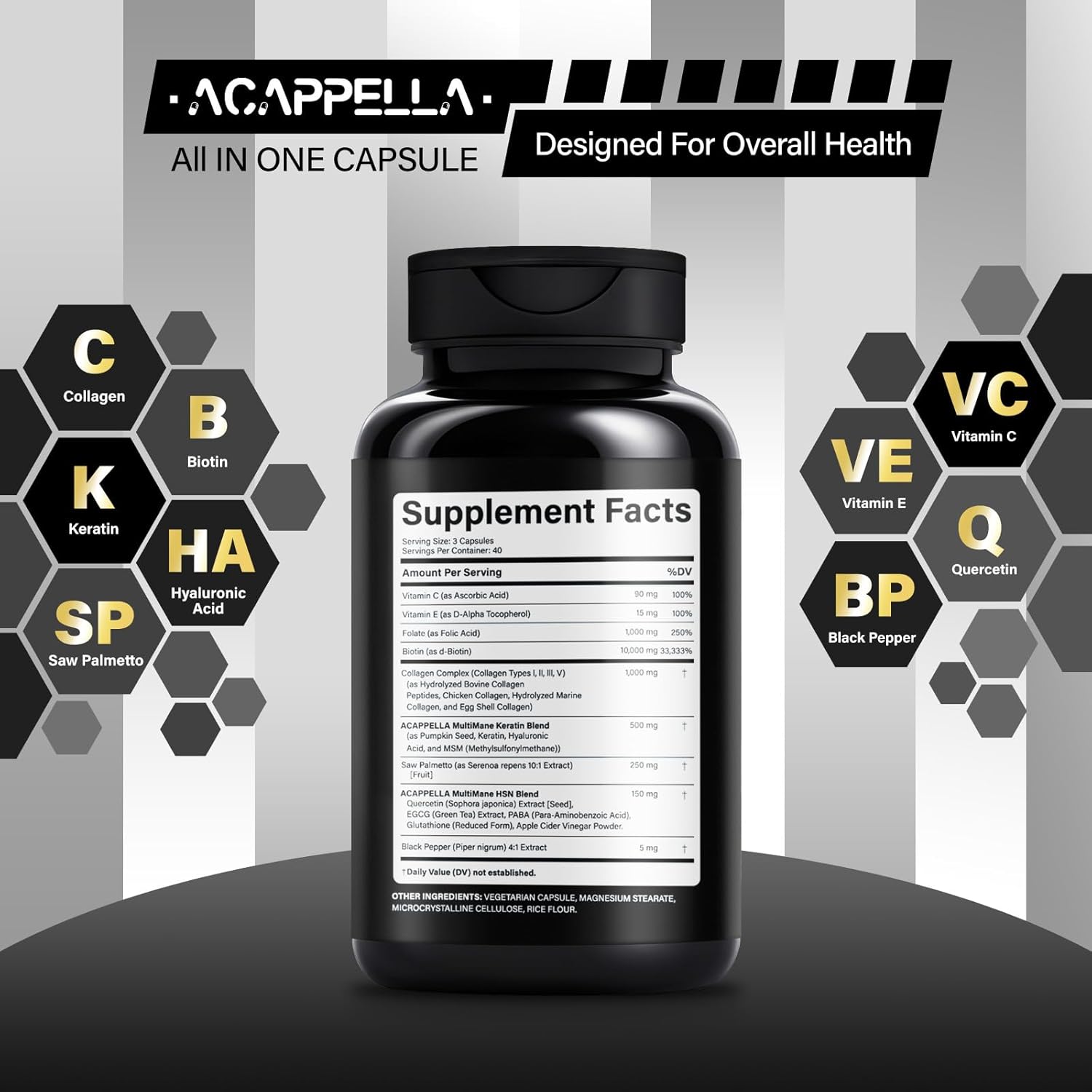 ACAPPELLA Hair Skin and Nails Vitamins with Collagen, Biotin, Keratin, and Hyaluronic Acid, 60 Capsules for Women - Image 2