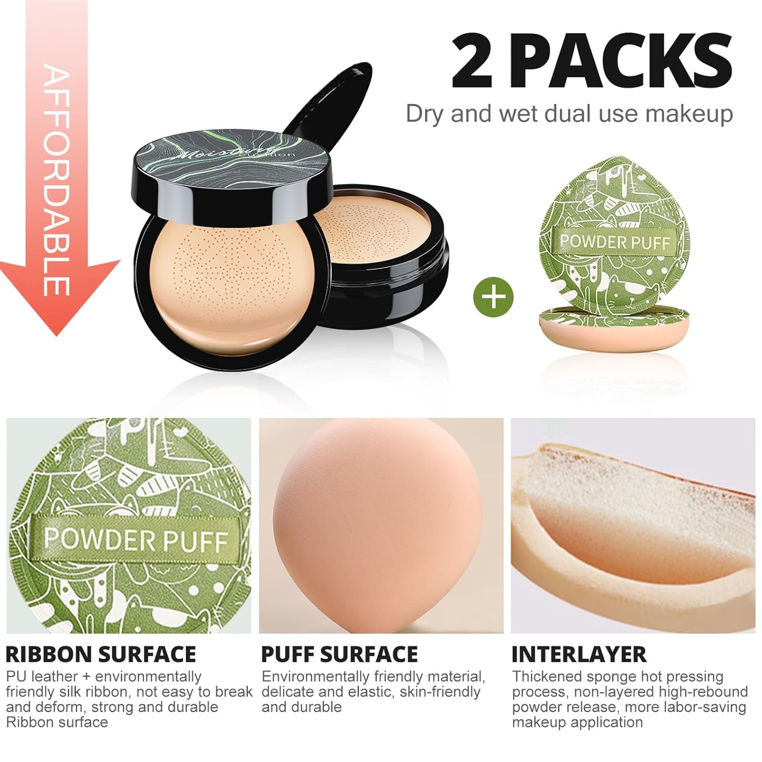 2pcs Mushroom Head Air Cushion CC Cream Set for All Skin Types with Power Puff Applicator - Image 6
