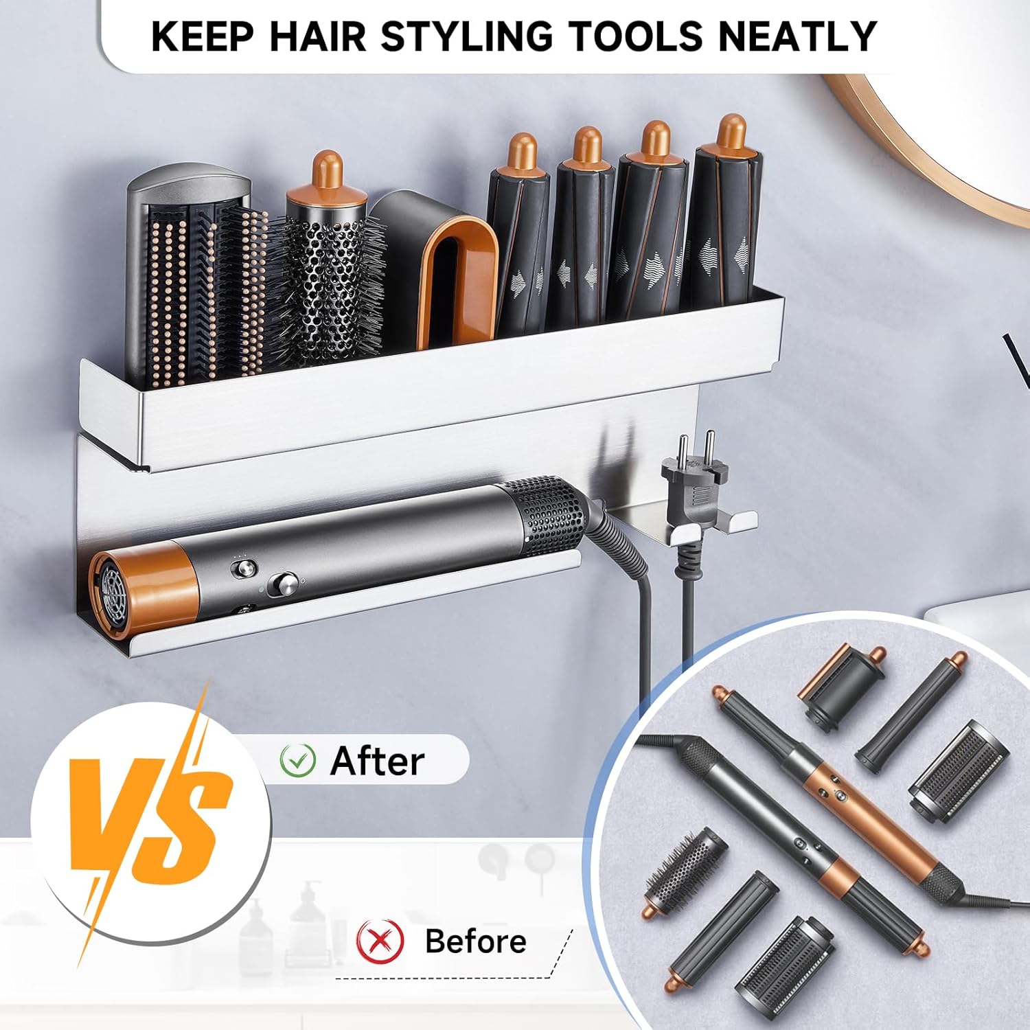 Storage Hair Dryer Holder for Curling Iron Wands Accessories, Hair Straightener Holder, Wall Mount Hair Tool Organizer for Styler Attachments,Stainless Steel Curling Iron Holder Organizer for Bathroom - Image 8
