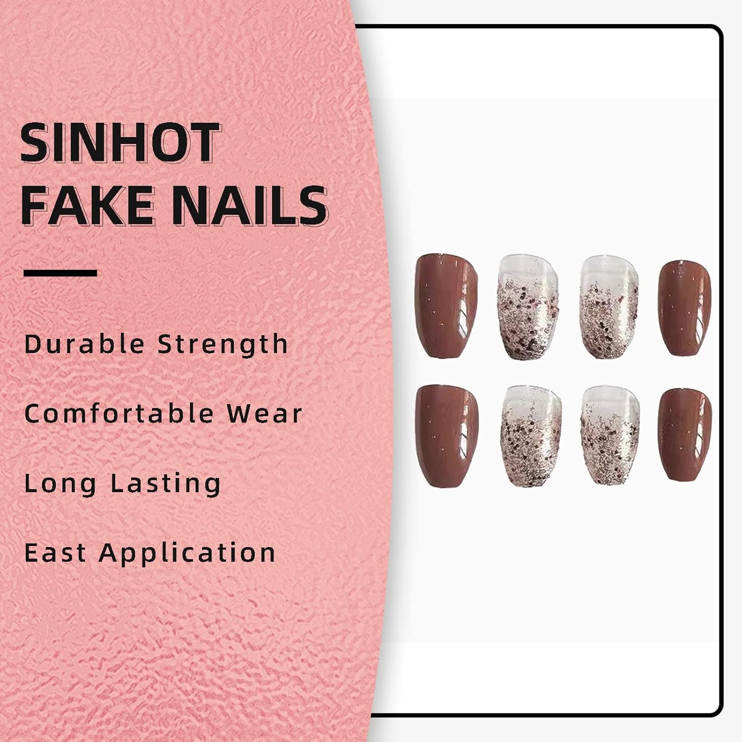 SINHOT Medium Brown Gradient Glossy Ballerina Press on Nails 24 pcs Acrylic with Glitter - Image 4
