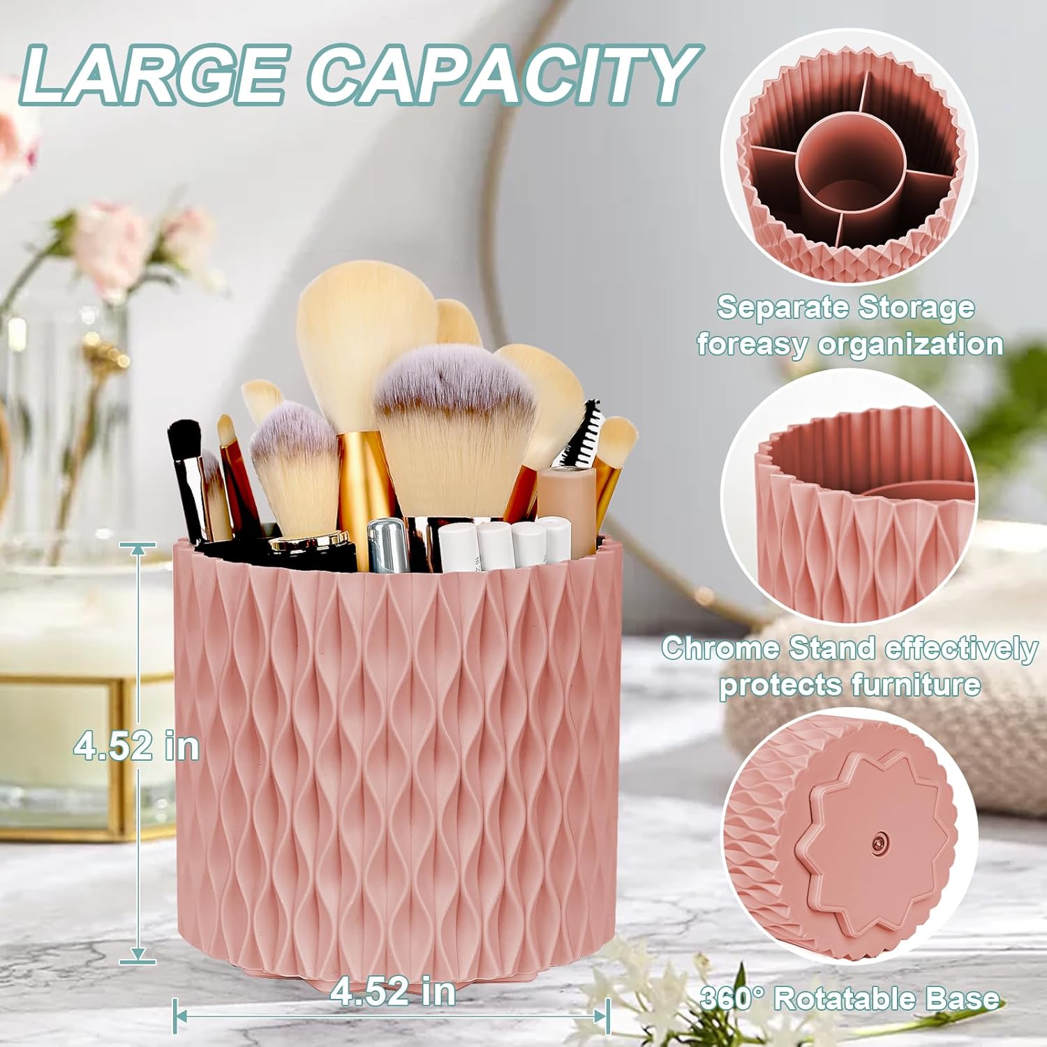 Pink 360 Rotating Makeup Brush Holder, 5 Slots, Vanity Organizer, Classic Style - Image 2