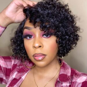 Short Curly Human Hair Wig for Black Women Side Part Curly Bob Wigs Deep Wave Brazilian Virgin Hair Pixie Cut Glueless Afro Wigs Natural Black Color