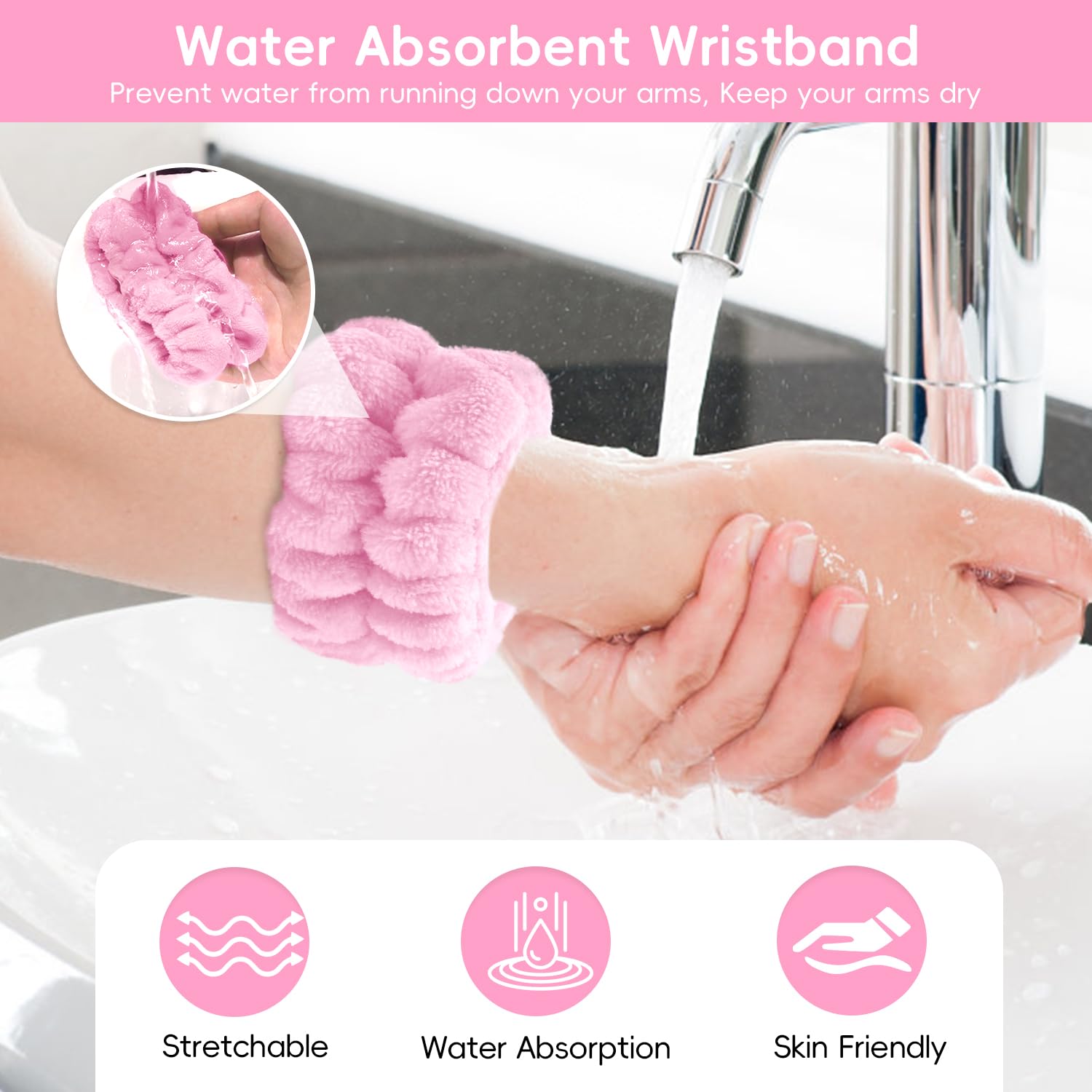 Pink Spa Headband and Wristband Set with Facial Cleansing Brush and Scrunchie - Image 4