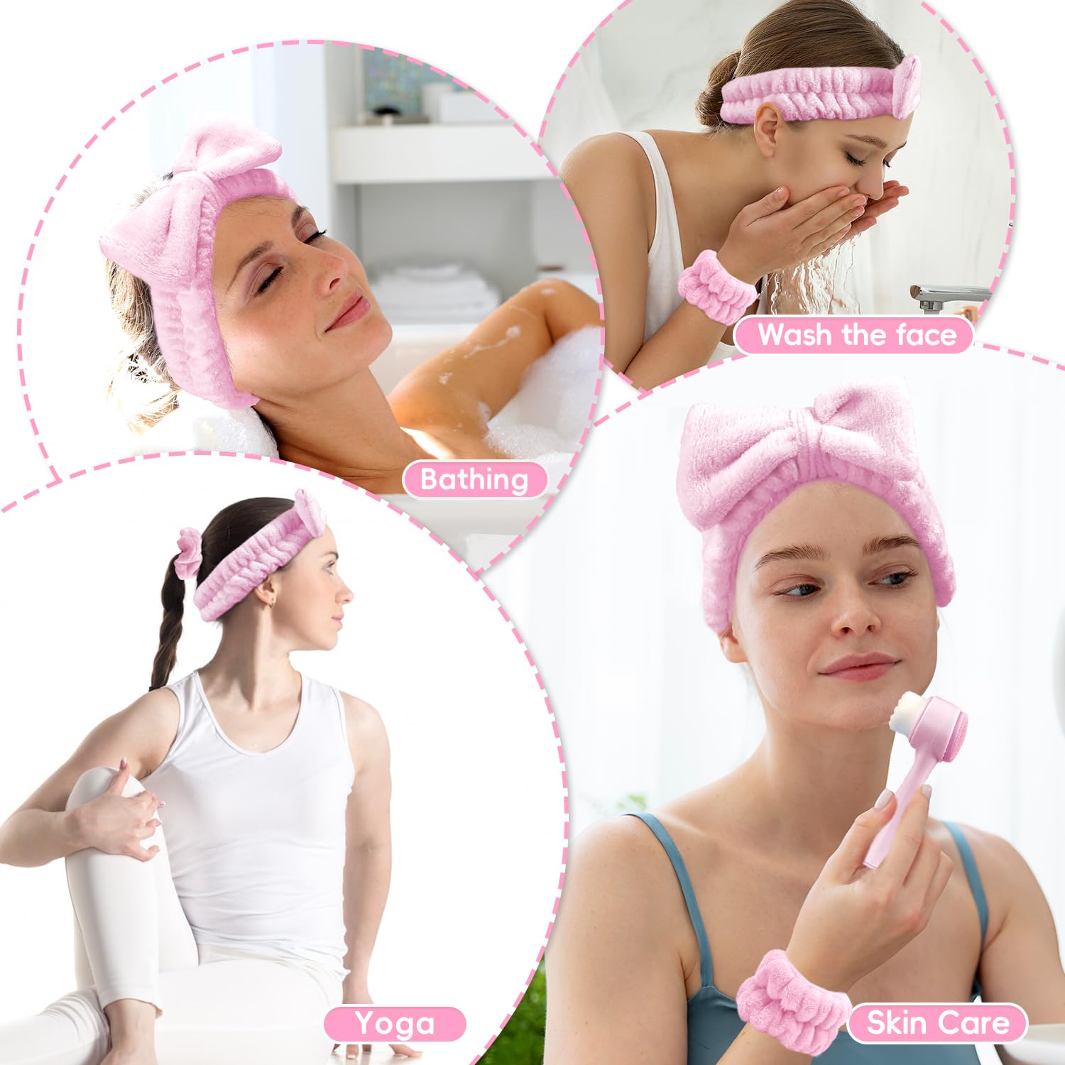Pink Spa Headband and Wristband Set with Facial Cleansing Brush and Scrunchie - Image 6