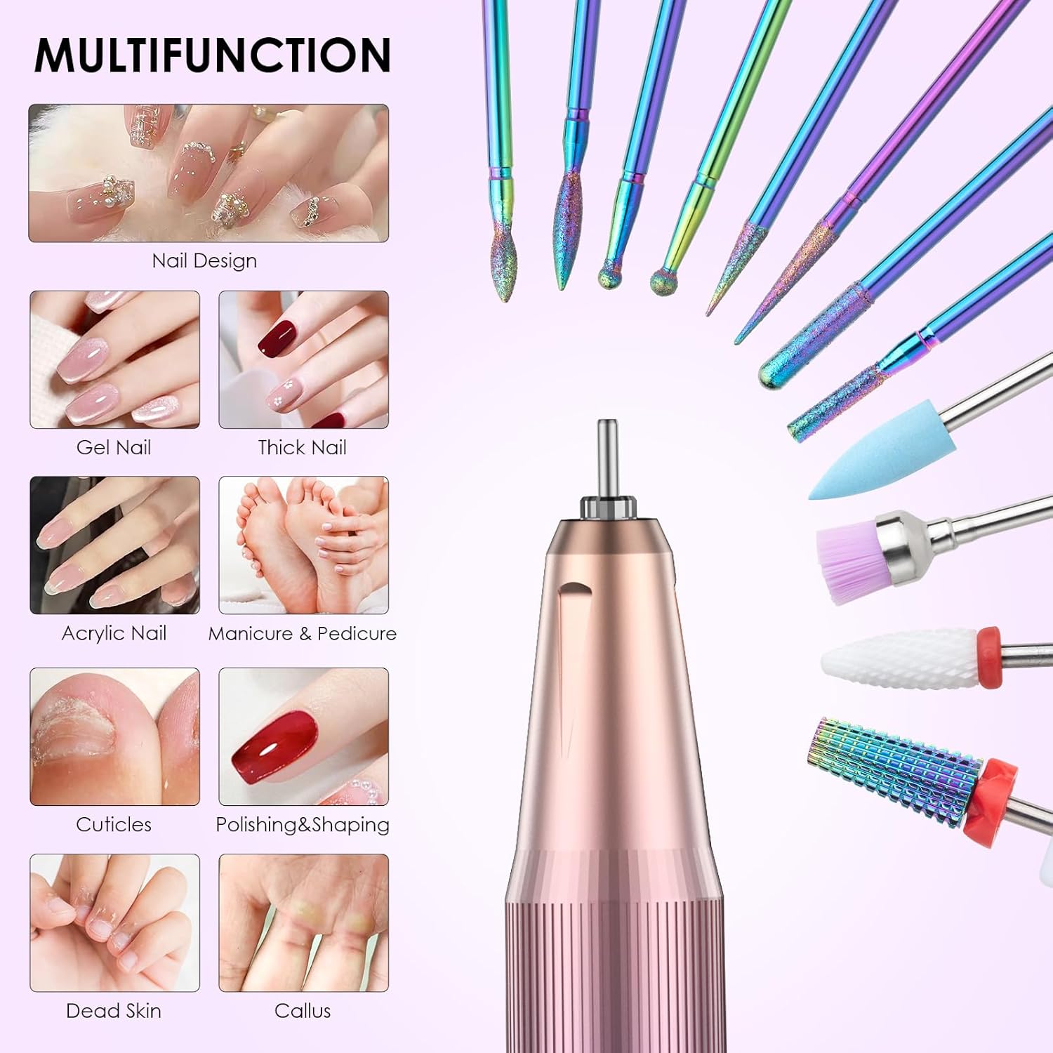 Rechargeable Electric Nail Drill 40000RPM E-Filer with 15 Bits Purple - Image 7