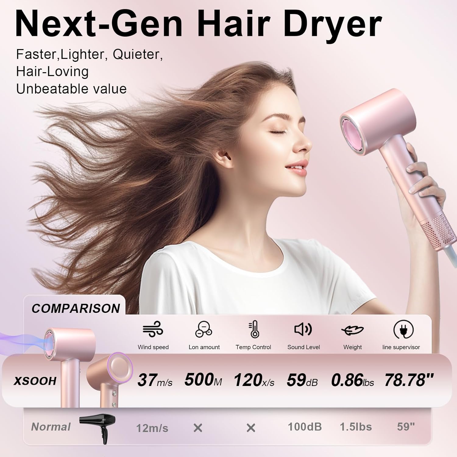 XSOOH Portable Hair Dryer with 160000 RPM Brushless Motor for Curly or Straight Hair - Image 2