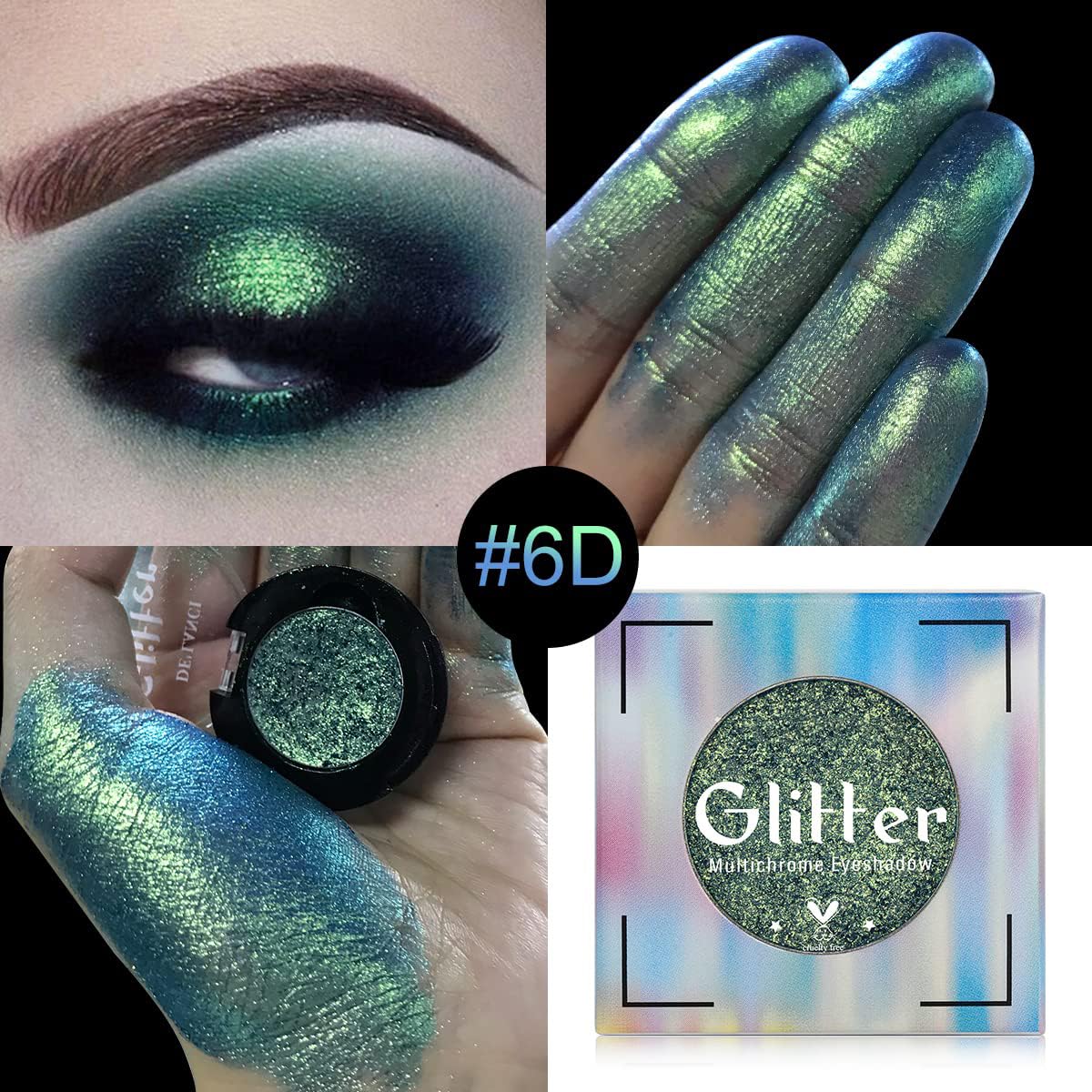 BEUSELF Travel Size 6-Color Glitter Multichrome Emerald Green Eyeshadow Palette, Highly Pigmented Cream - Image 2