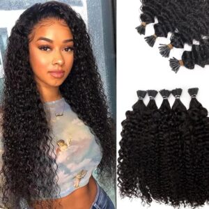 3C Kinky Curly I Tip Hair Extensions Human Hair 14Inch Pre Bonded 100% Keratin Human Hairs Microlink Beads Hair Extensions 100strands 50g Stick Tip Bundles Cold Fusion Tipped Hair Extension