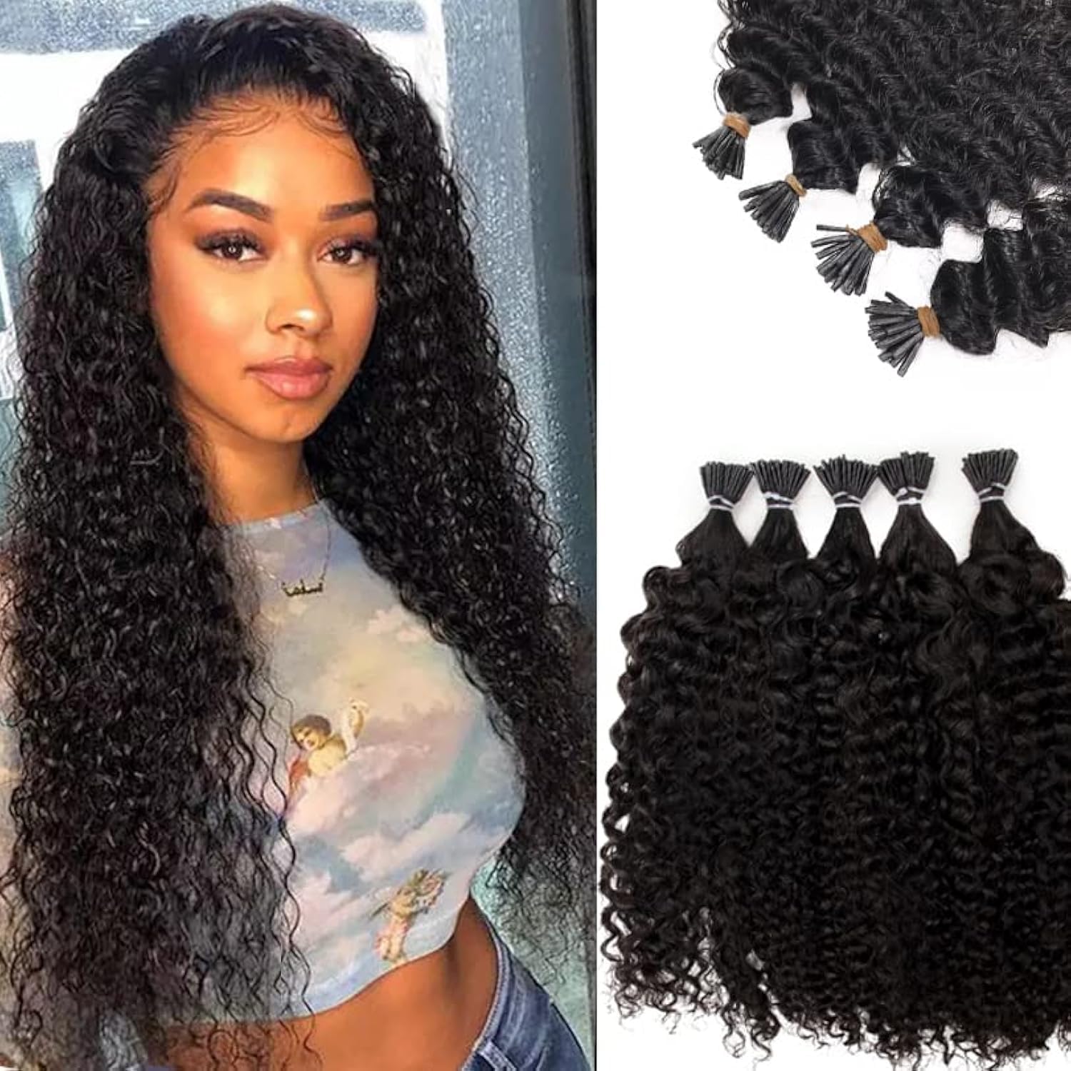 3C Kinky Curly I Tip Hair Extensions Human Hair 14Inch Pre Bonded 100% Keratin Human Hairs Microlink Beads Hair Extensions 100strands 50g Stick Tip Bundles Cold Fusion Tipped Hair Extension